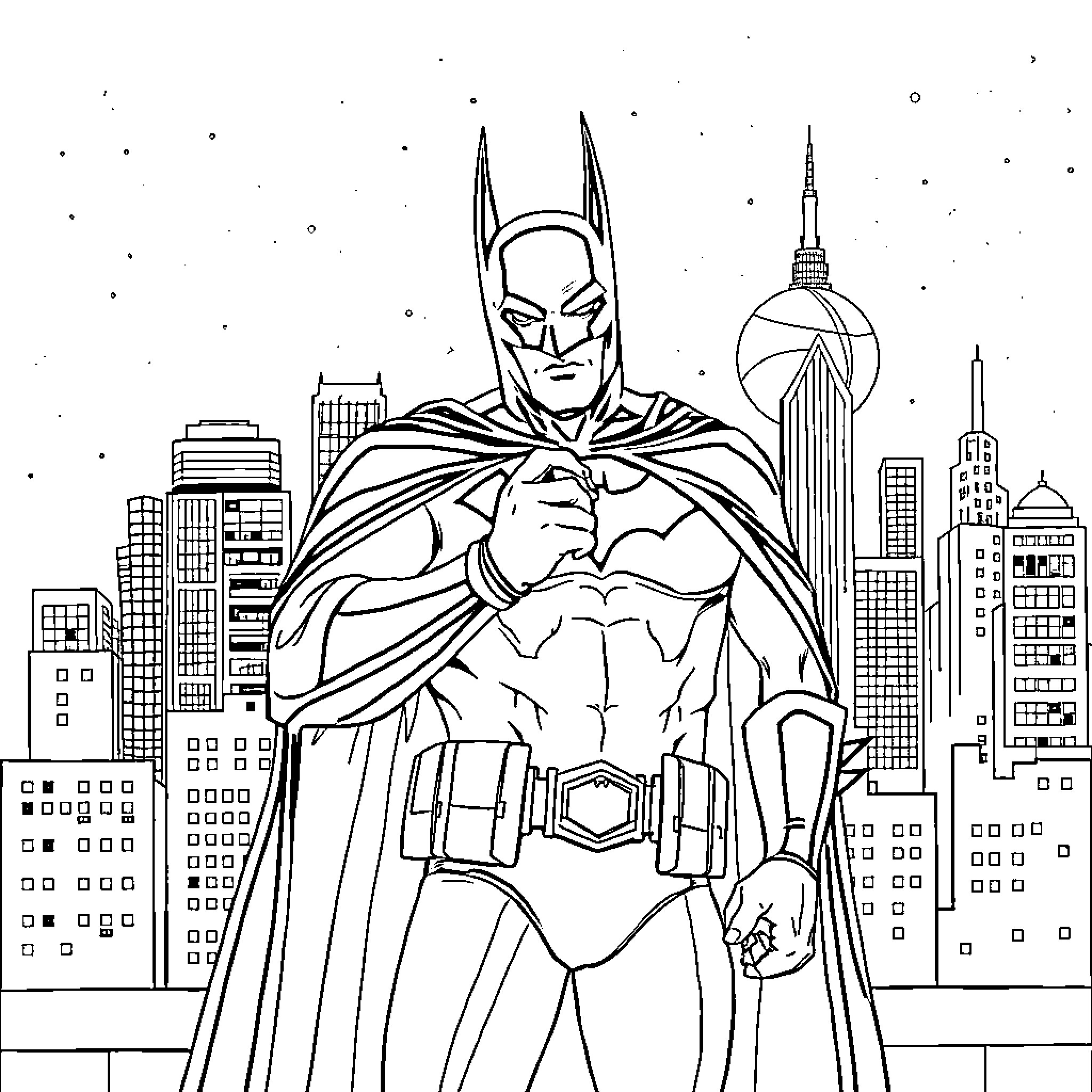 Batman standing tall against the cityscape Coloring Page (free black-and-white line drawing printable PDF for all, from beginners to advanced learners, including children, teens, adults, and seniors)