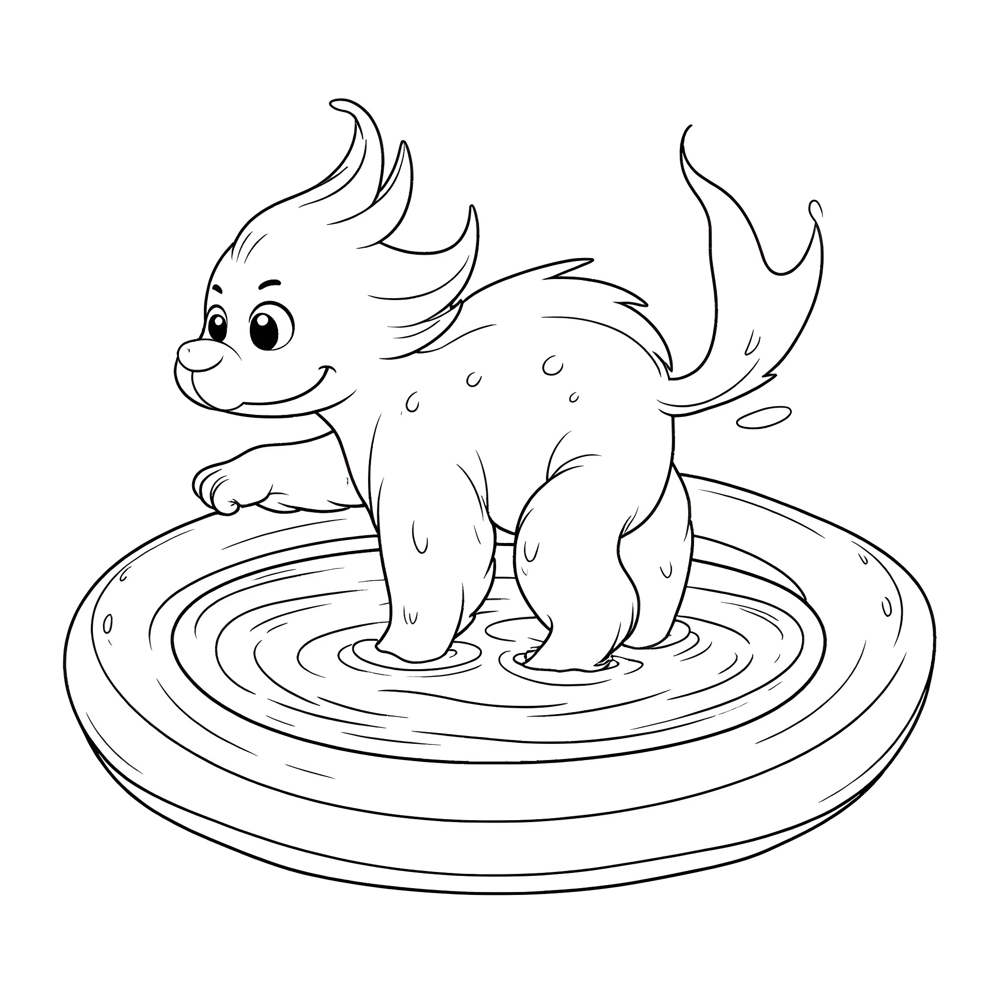 Firey Creature Splashing in Ripples Coloring Page (free black-and-white line drawing printable PDF for all, from beginners to advanced learners, including children, teens, adults, and seniors)