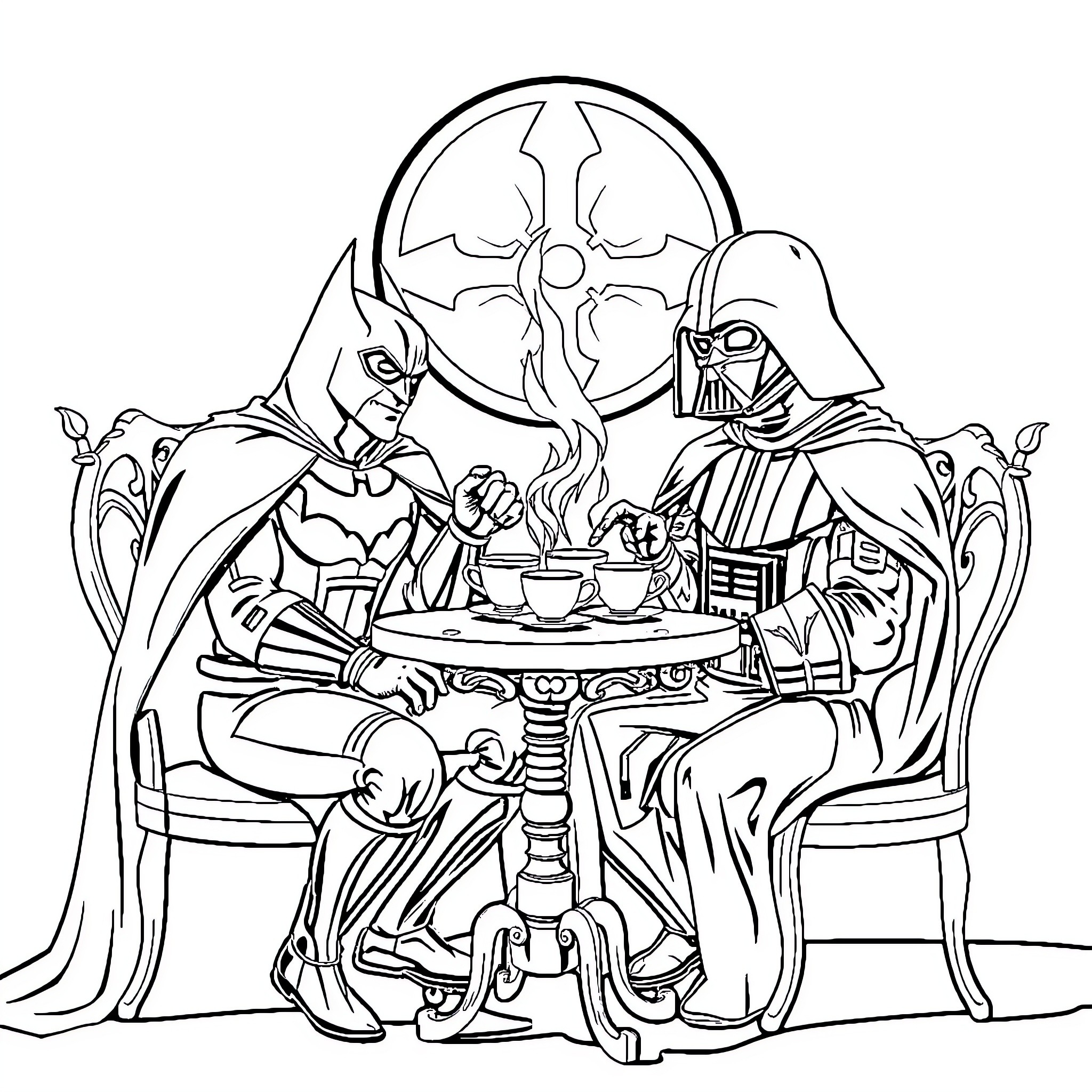 Batman and Darth Vader sharing a friendly meal Coloring Page (free black-and-white line drawing printable PDF for all, from beginners to advanced learners, including children, teens, adults, and seniors)