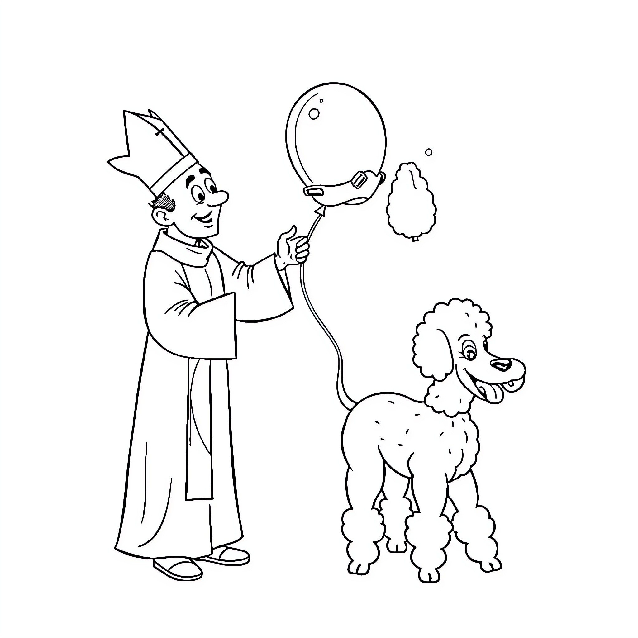 Priest performing tricks with a poodle on a leash Coloring Page (free black-and-white line drawing printable PDF for all, from beginners to advanced learners, including children, teens, adults, and seniors)