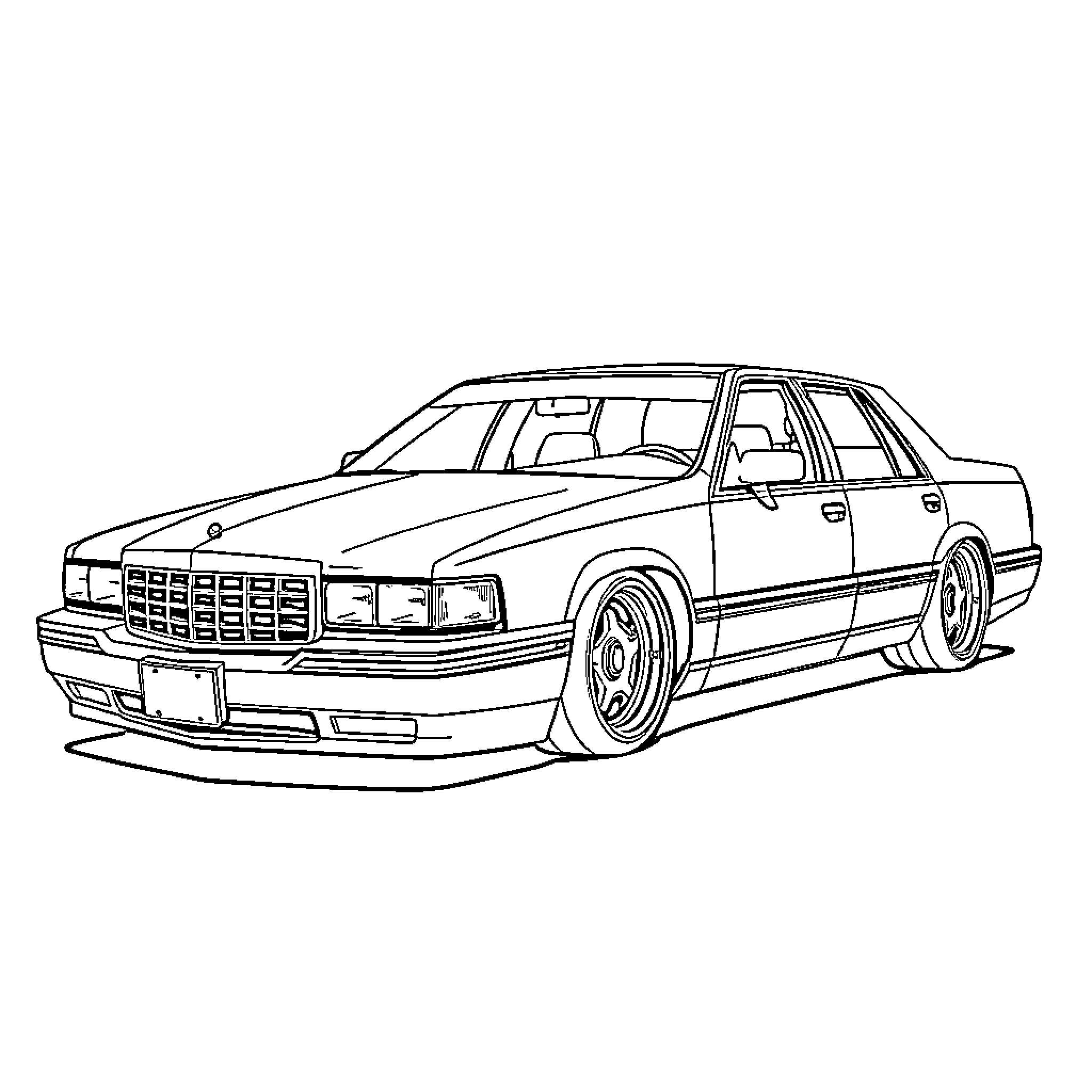 Cadillac sedan showcased in detailed sketch Coloring Page (free black-and-white line drawing printable PDF for all, from beginners to advanced learners, including children, teens, adults, and seniors)