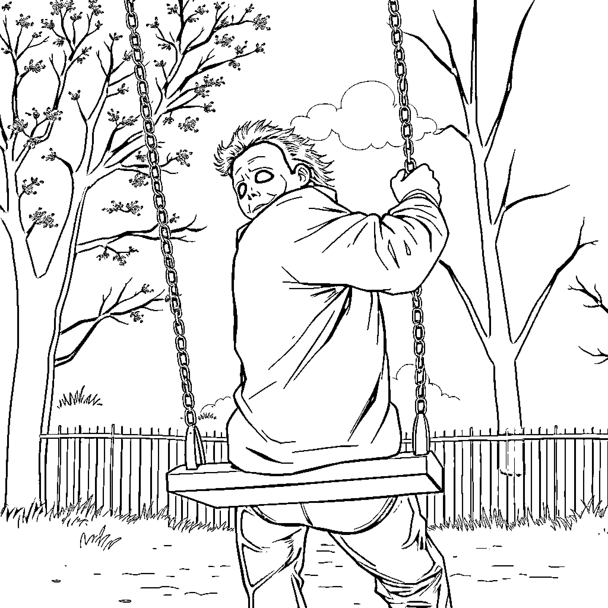 Michael Myers brooding on a swing in a bleak, wintry landscape Coloring Page (free black-and-white line drawing printable PDF for all, from beginners to advanced learners, including children, teens, adults, and seniors)