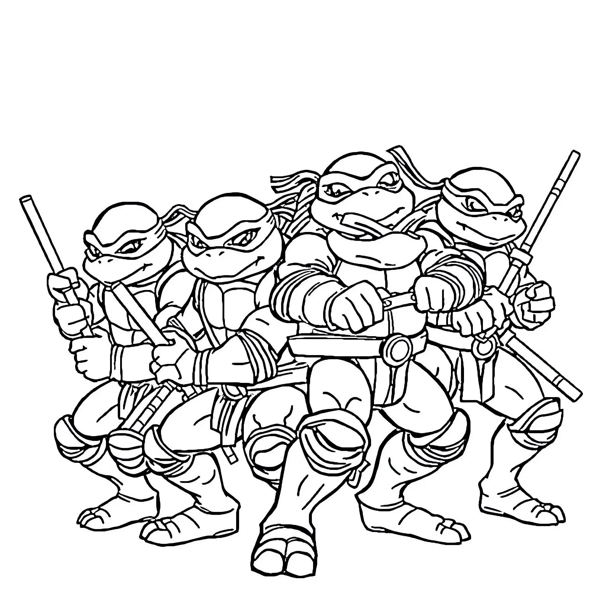 Ninja Turtles in action-ready poses Coloring Page (free black-and-white line drawing printable PDF for all, from beginners to advanced learners, including children, teens, adults, and seniors)