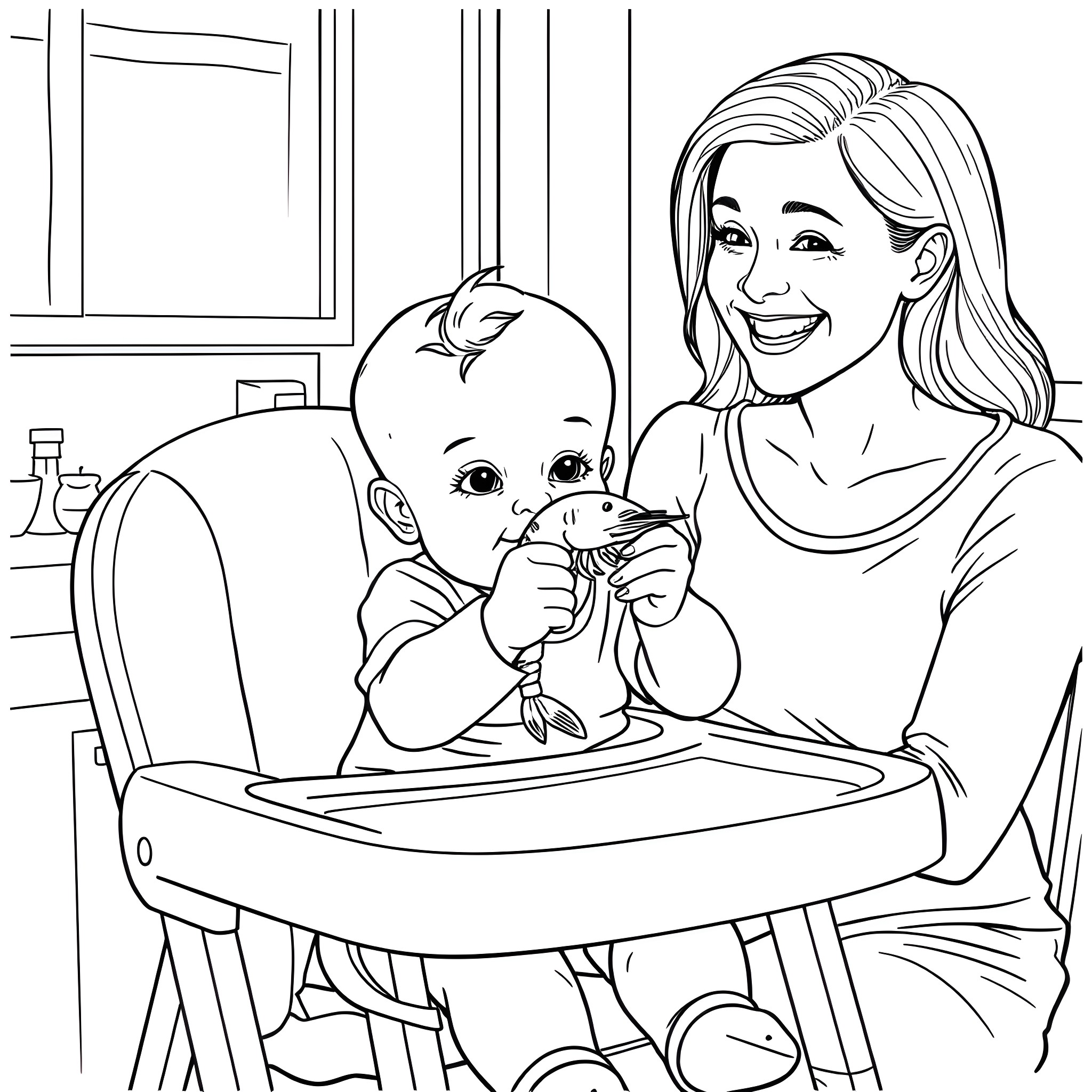 Baby Enjoying Meal with Mother Coloring Page (free black-and-white line drawing printable PDF for all, from beginners to advanced learners, including children, teens, adults, and seniors)