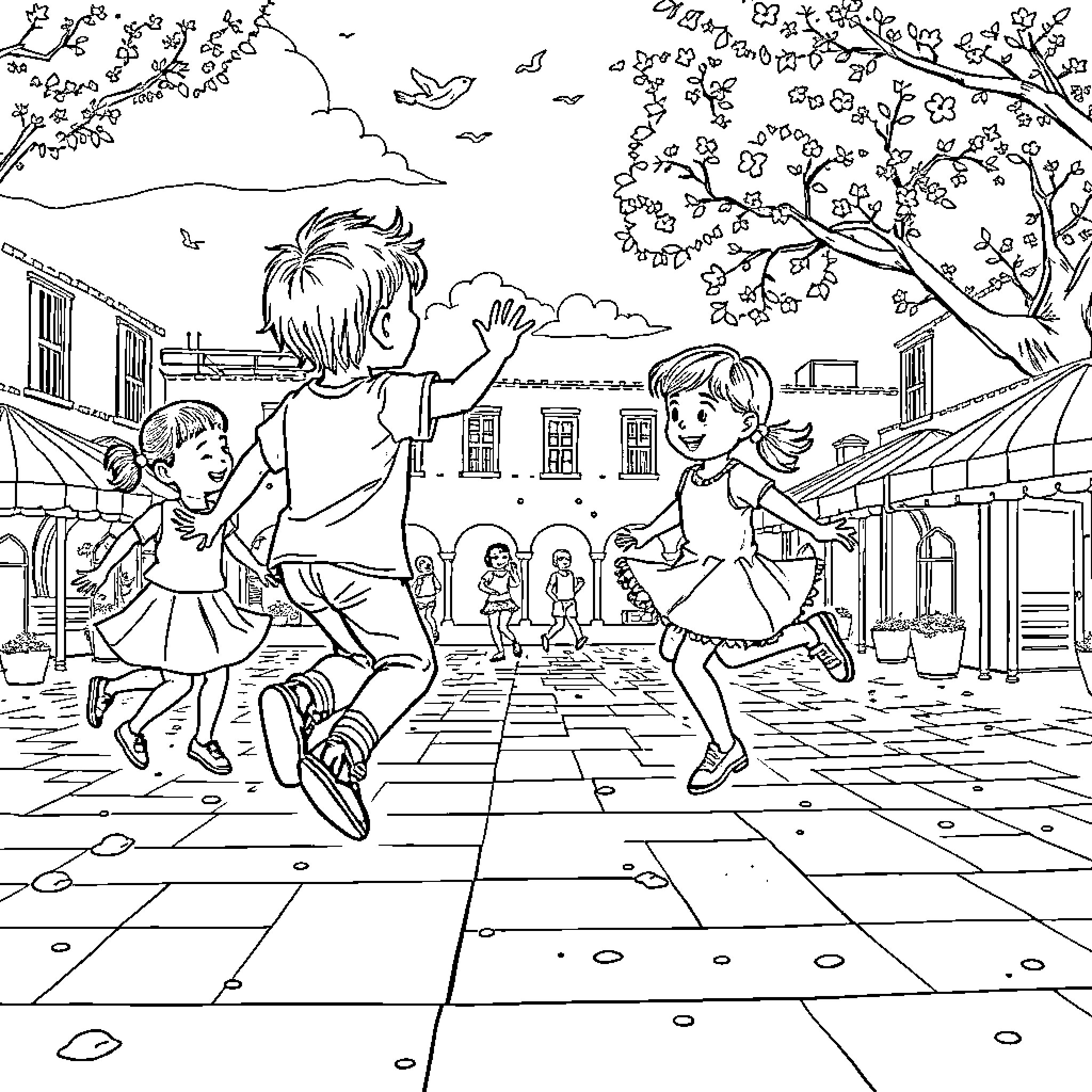 Child playing joyfully in a town market Coloring Page (free black-and-white line drawing printable PDF for all, from beginners to advanced learners, including children, teens, adults, and seniors)
