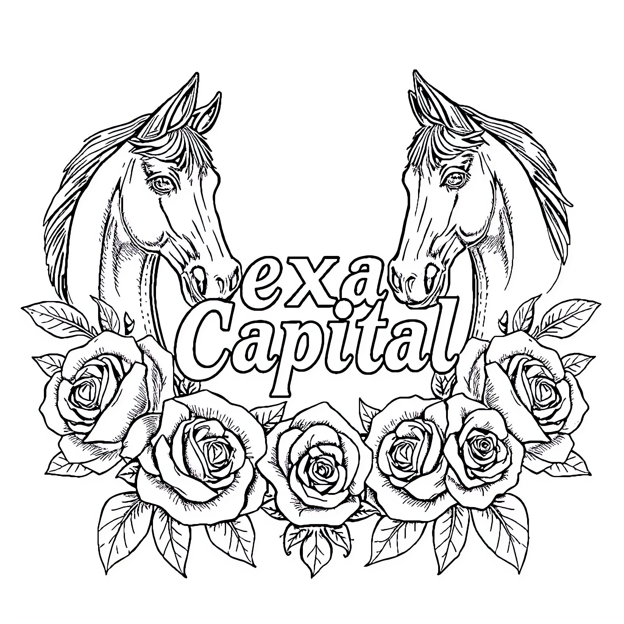 Tattoo featuring horses and roses with 'Texas Capital' text Coloring Page (free black-and-white line drawing printable PDF for all, from beginners to advanced learners, including children, teens, adults, and seniors)