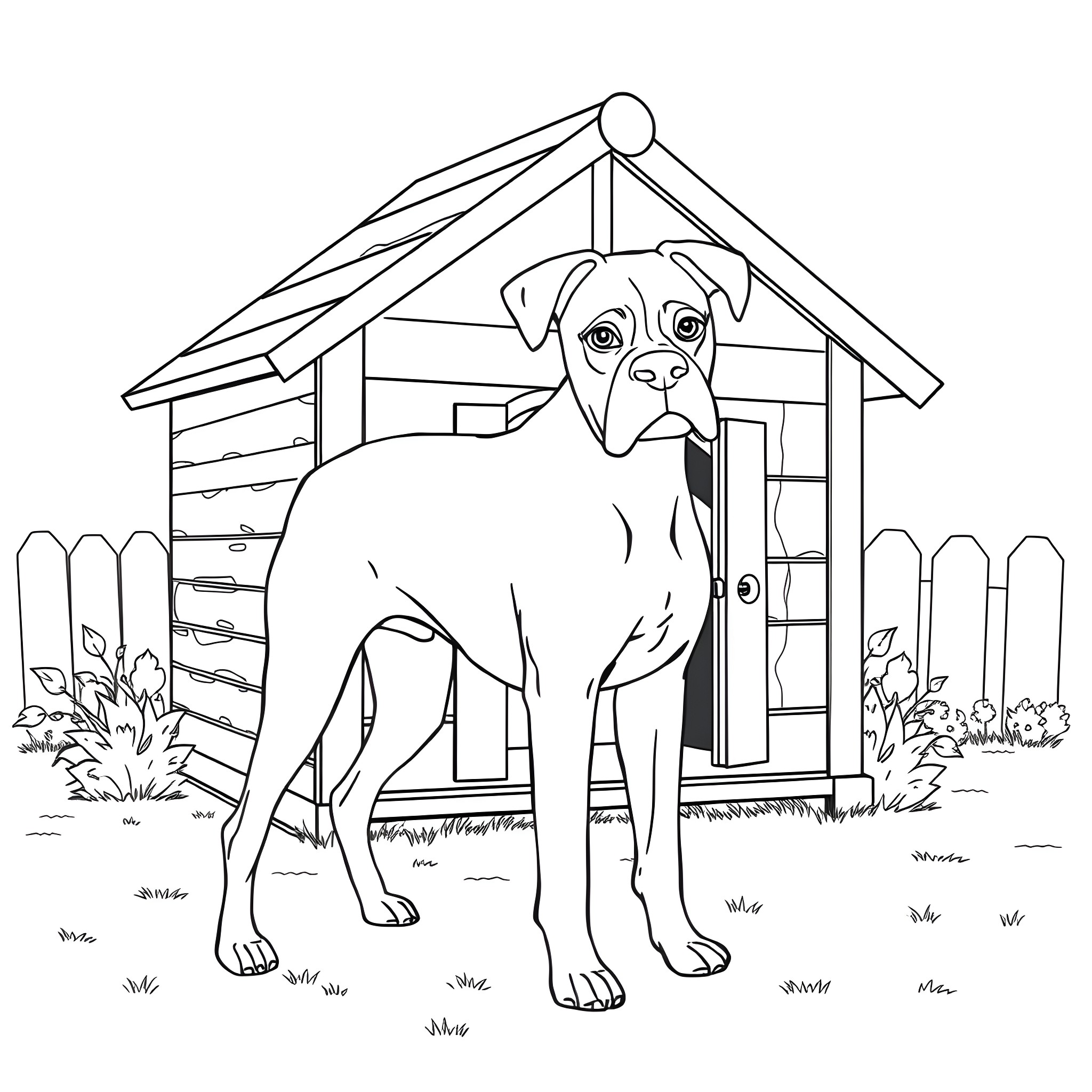 Boxer Dog guarding his doghouse Coloring Page (free black-and-white line drawing printable PDF for all, from beginners to advanced learners, including children, teens, adults, and seniors)