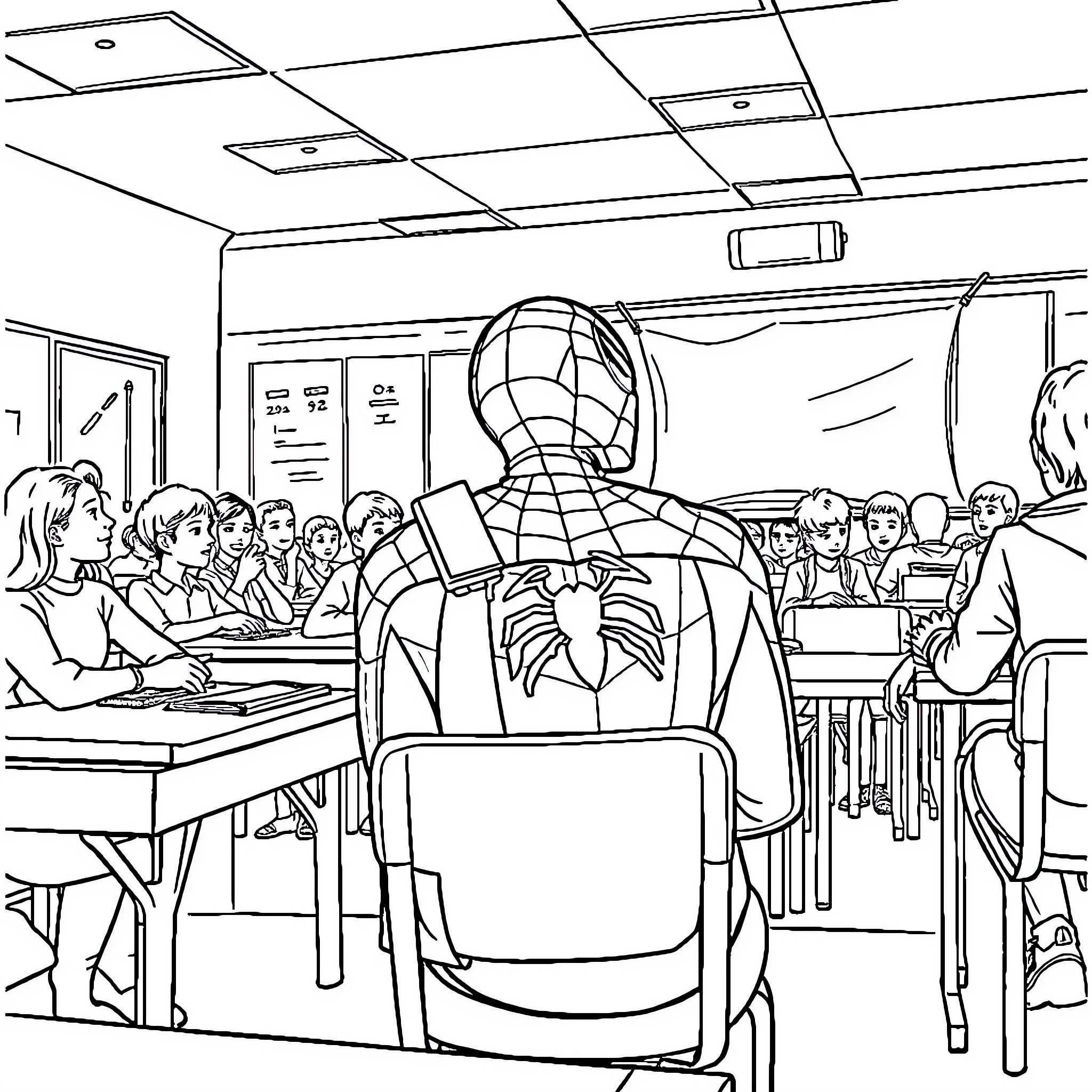 Spiderman in the Classroom Coloring Page (free black-and-white line drawing printable PDF for all, from beginners to advanced learners, including children, teens, adults, and seniors)