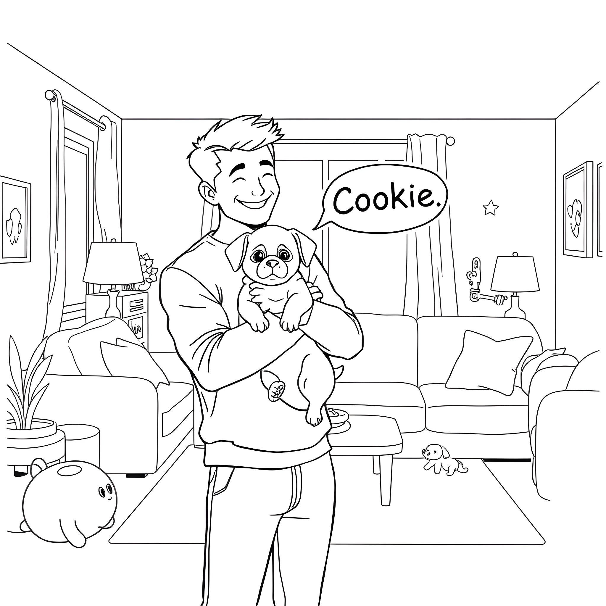 Man playing happily with his pet dog in the living room Coloring Page (free black-and-white line drawing printable PDF for all, from beginners to advanced learners, including children, teens, adults, and seniors)