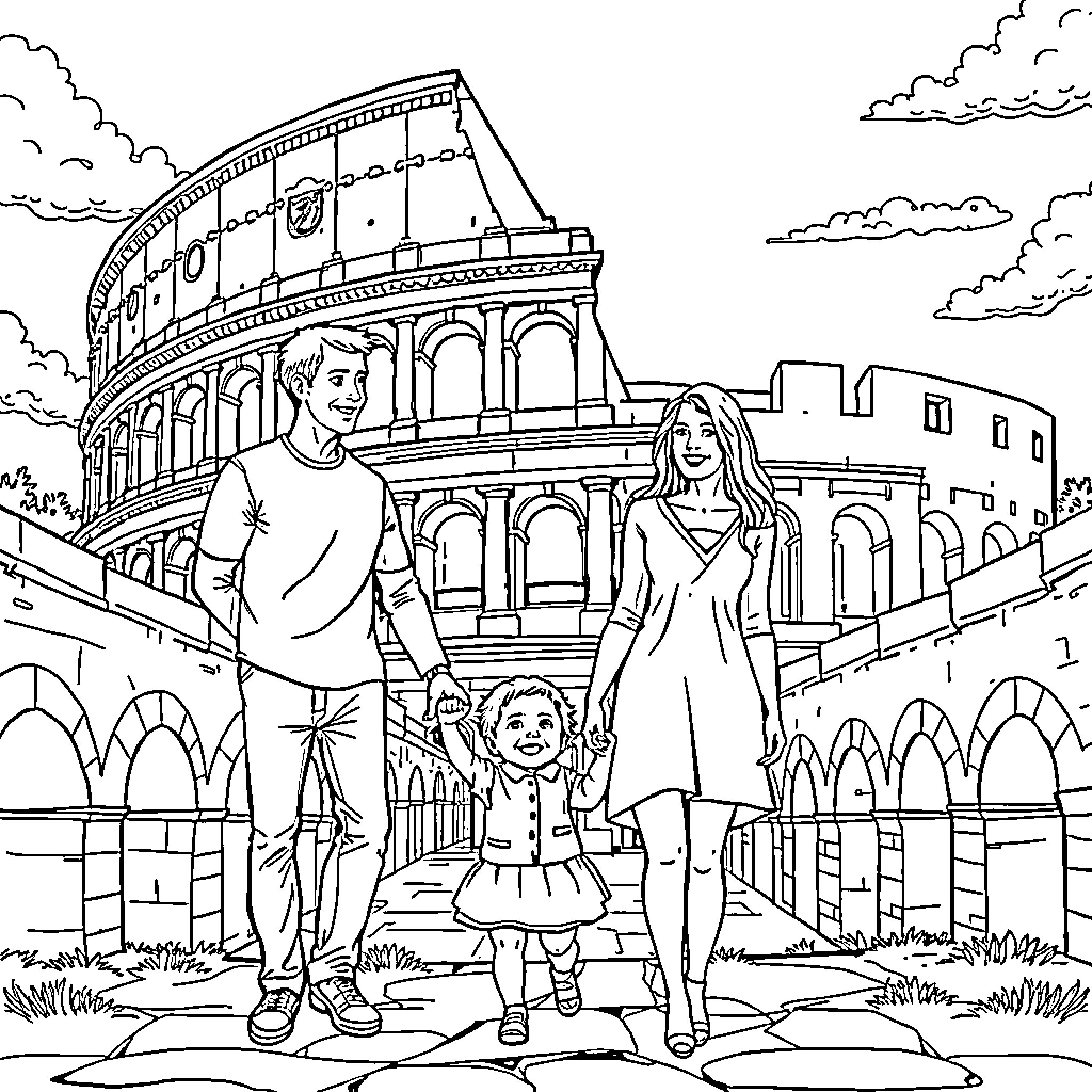 Couple touring the famous Colosseum with their child Coloring Page (free black-and-white line drawing printable PDF for all, from beginners to advanced learners, including children, teens, adults, and seniors)