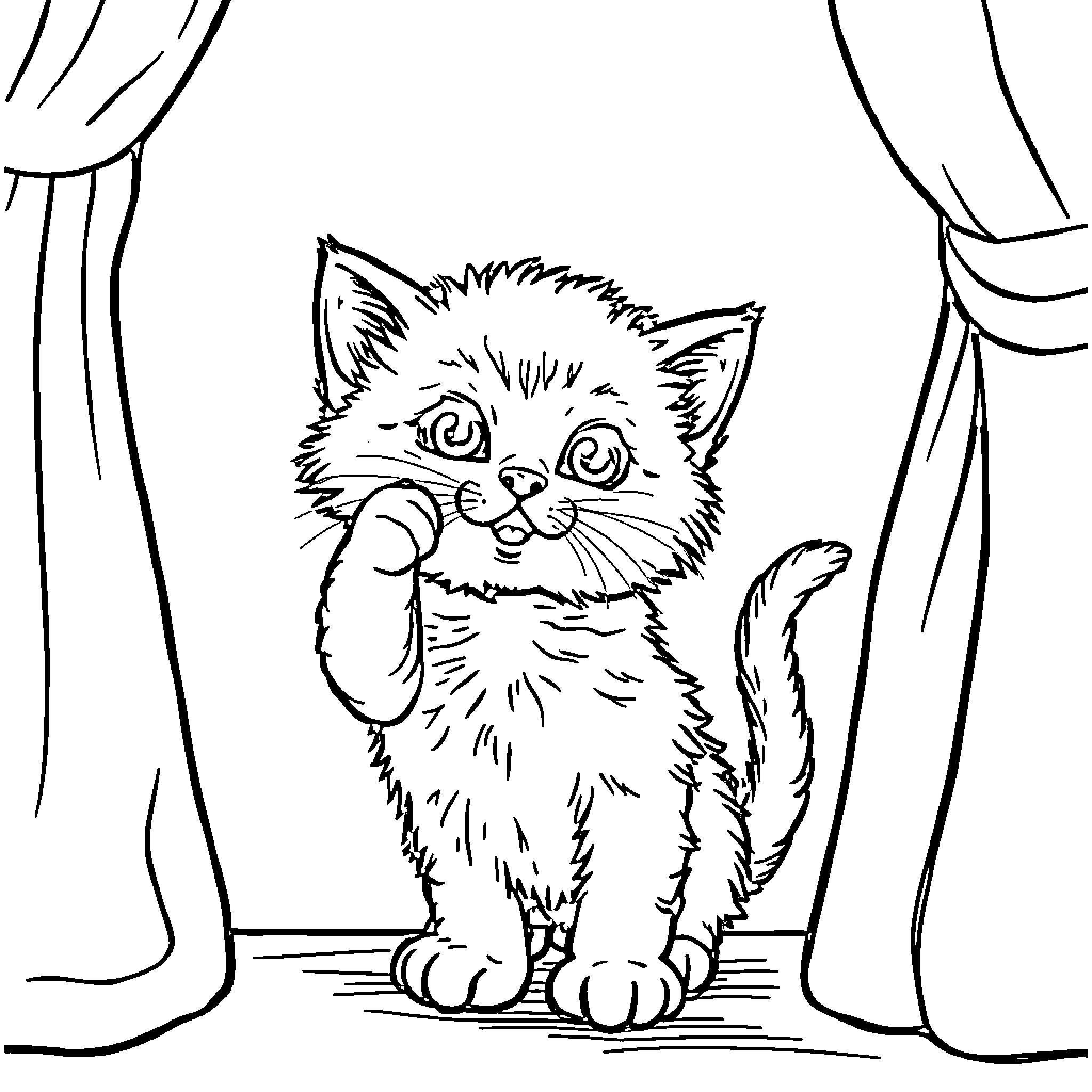 Kitten peeking curiously behind curtains Coloring Page (free black-and-white line drawing printable PDF for all, from beginners to advanced learners, including children, teens, adults, and seniors)