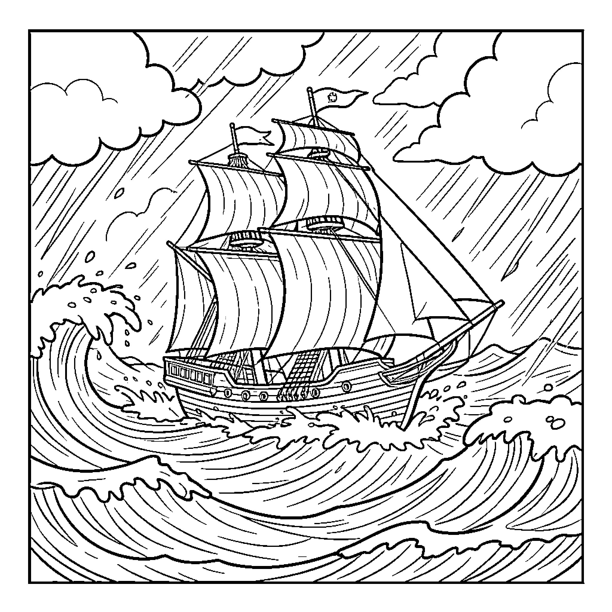 Sailing Ship navigating through stormy ocean waves Coloring Page (free black-and-white line drawing printable PDF for all, from beginners to advanced learners, including children, teens, adults, and seniors)