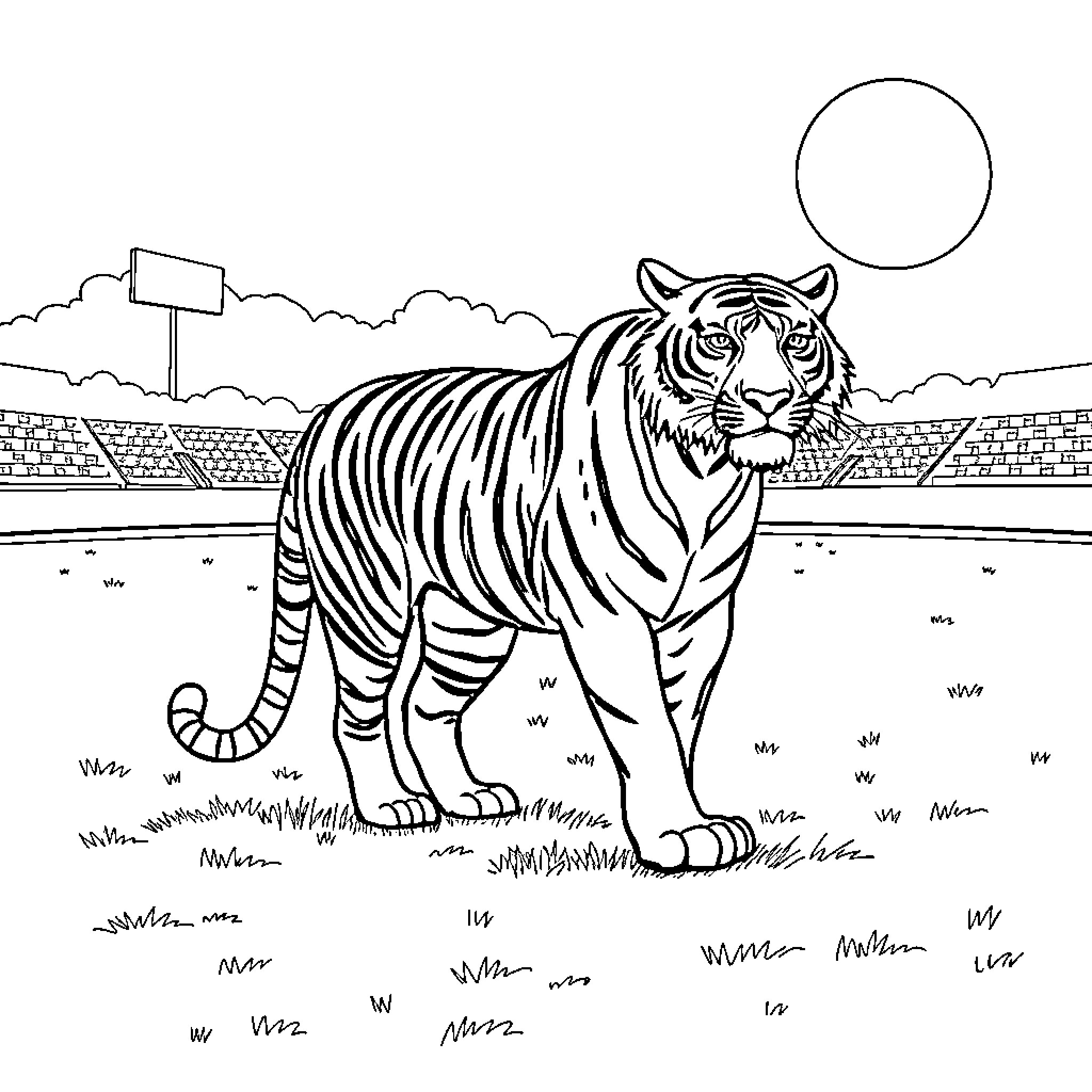 Tiger in a scenic landscape Coloring Page (free black-and-white line drawing printable PDF for all, from beginners to advanced learners, including children, teens, adults, and seniors)
