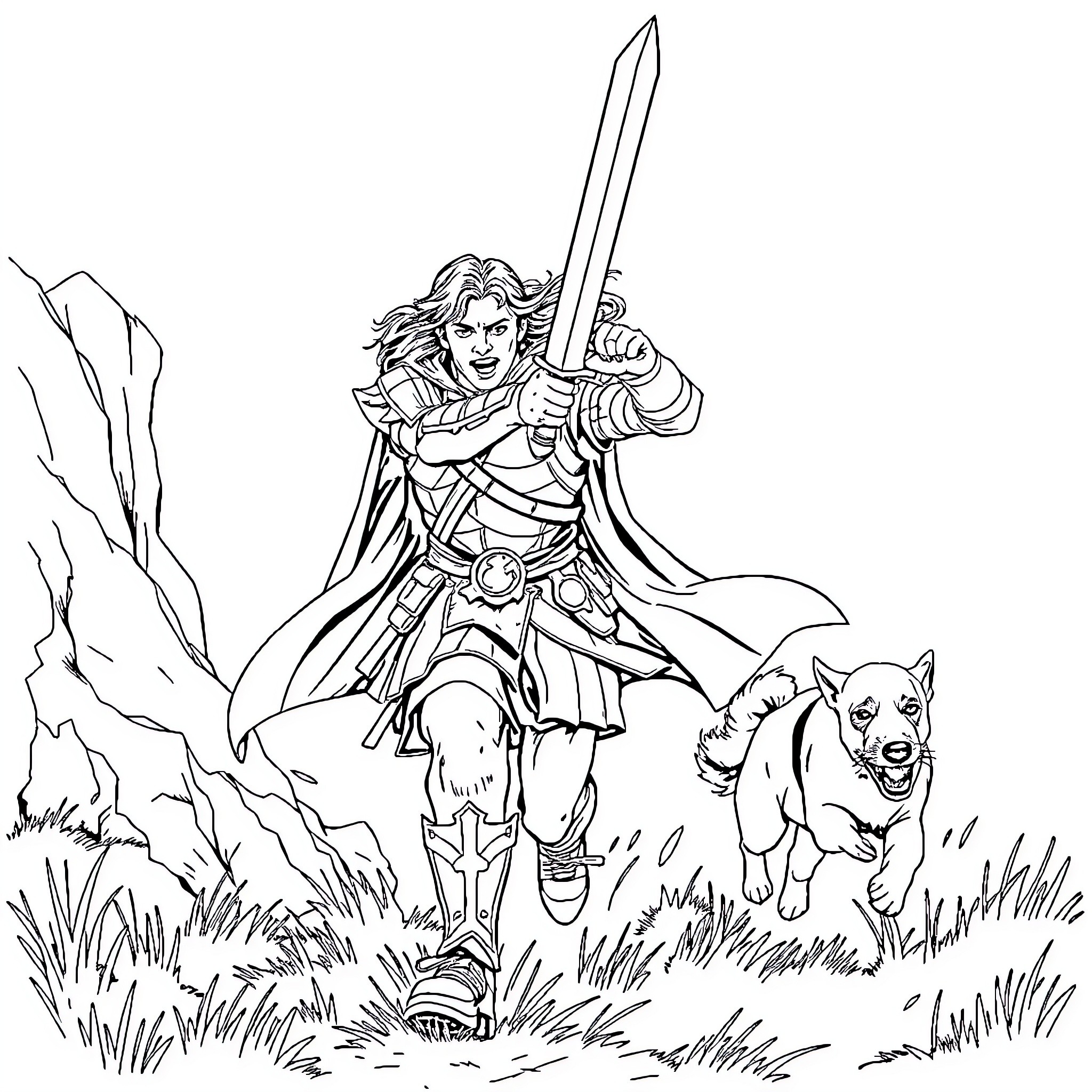 Aragorn, the Ranger, Wielding Sword with Loyal Companion Coloring Page (free black-and-white line drawing printable PDF for all, from beginners to advanced learners, including children, teens, adults, and seniors)