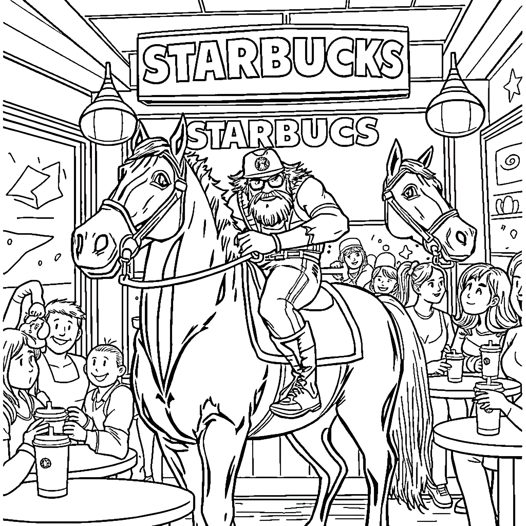 Macho Man Rides Horses in Starbugs Cafe Coloring Page (free black-and-white line drawing printable PDF for all, from beginners to advanced learners, including children, teens, adults, and seniors)