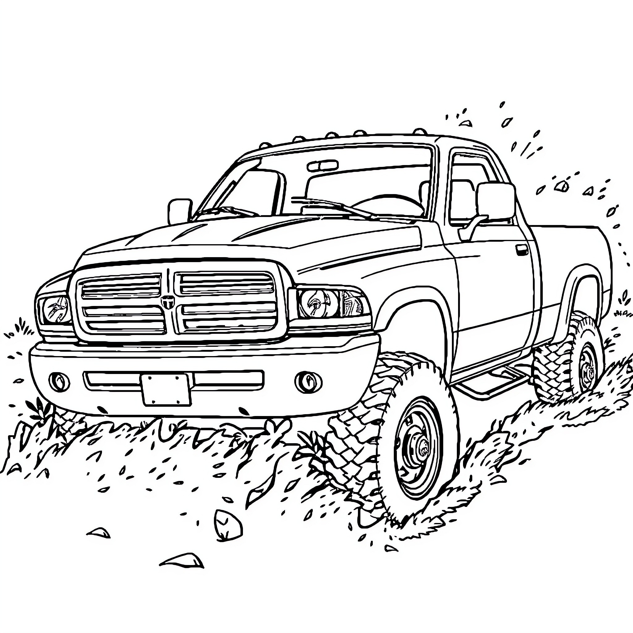 Truck driving off-road through rough terrain Coloring Page (free black-and-white line drawing printable PDF for all, from beginners to advanced learners, including children, teens, adults, and seniors)