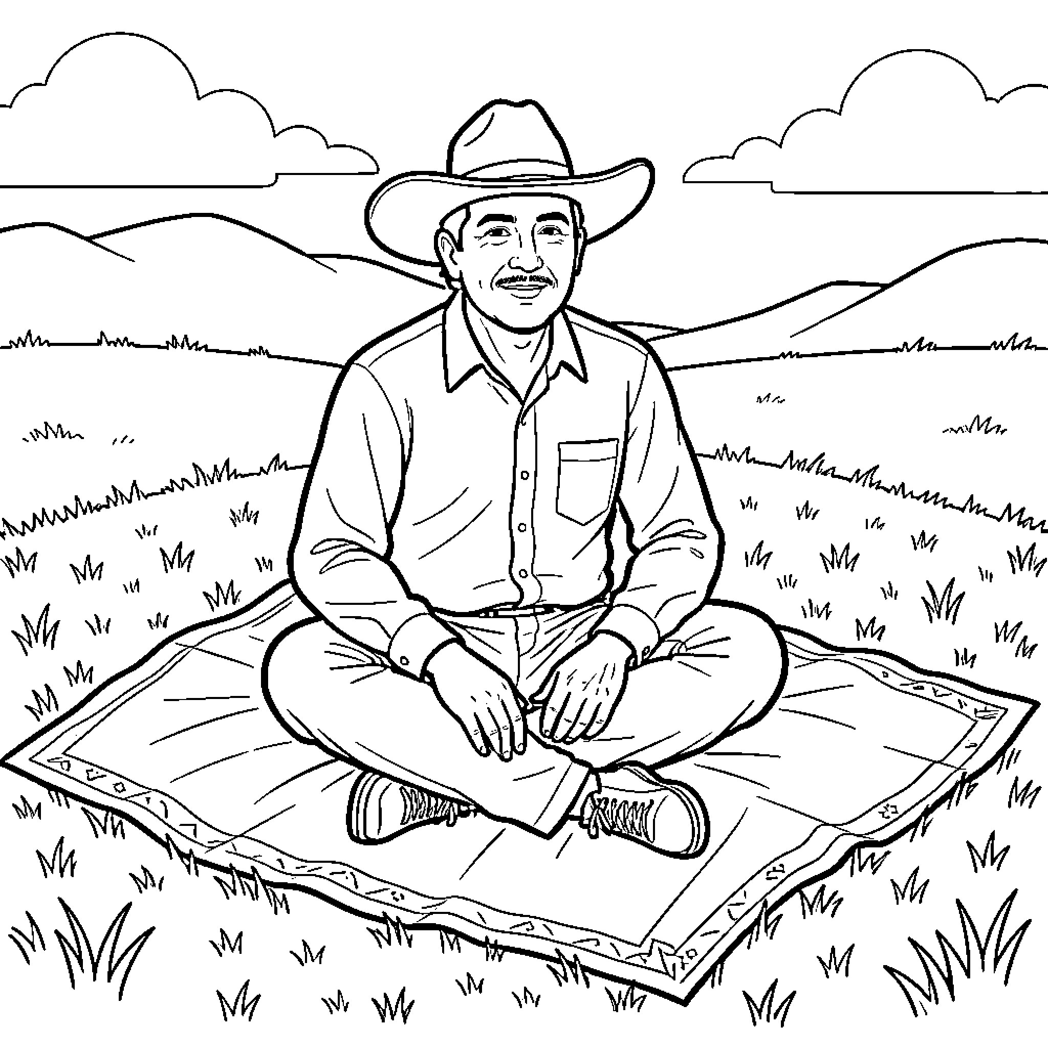 Mexican Man sitting cross-legged on a blanket outdoors Coloring Page (free black-and-white line drawing printable PDF for all, from beginners to advanced learners, including children, teens, adults, and seniors)