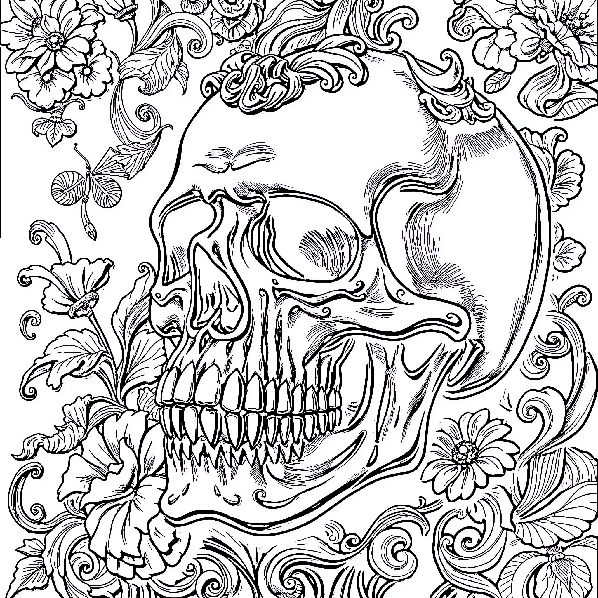 Skull surrounded by intricate floral patterns Coloring Page (free black-and-white line drawing printable PDF for all, from beginners to advanced learners, including children, teens, adults, and seniors)