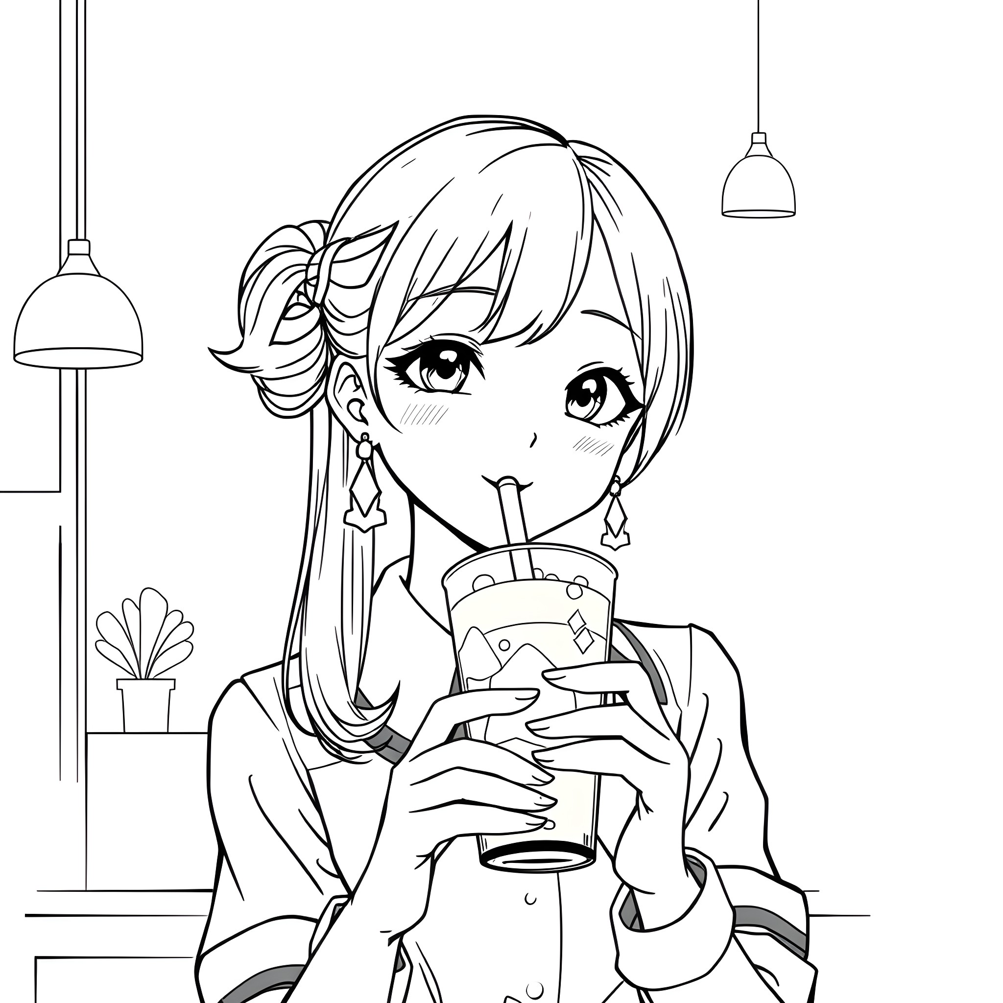 Girl enjoying a refreshing drink Coloring Page (free black-and-white line drawing printable PDF for all, from beginners to advanced learners, including children, teens, adults, and seniors)