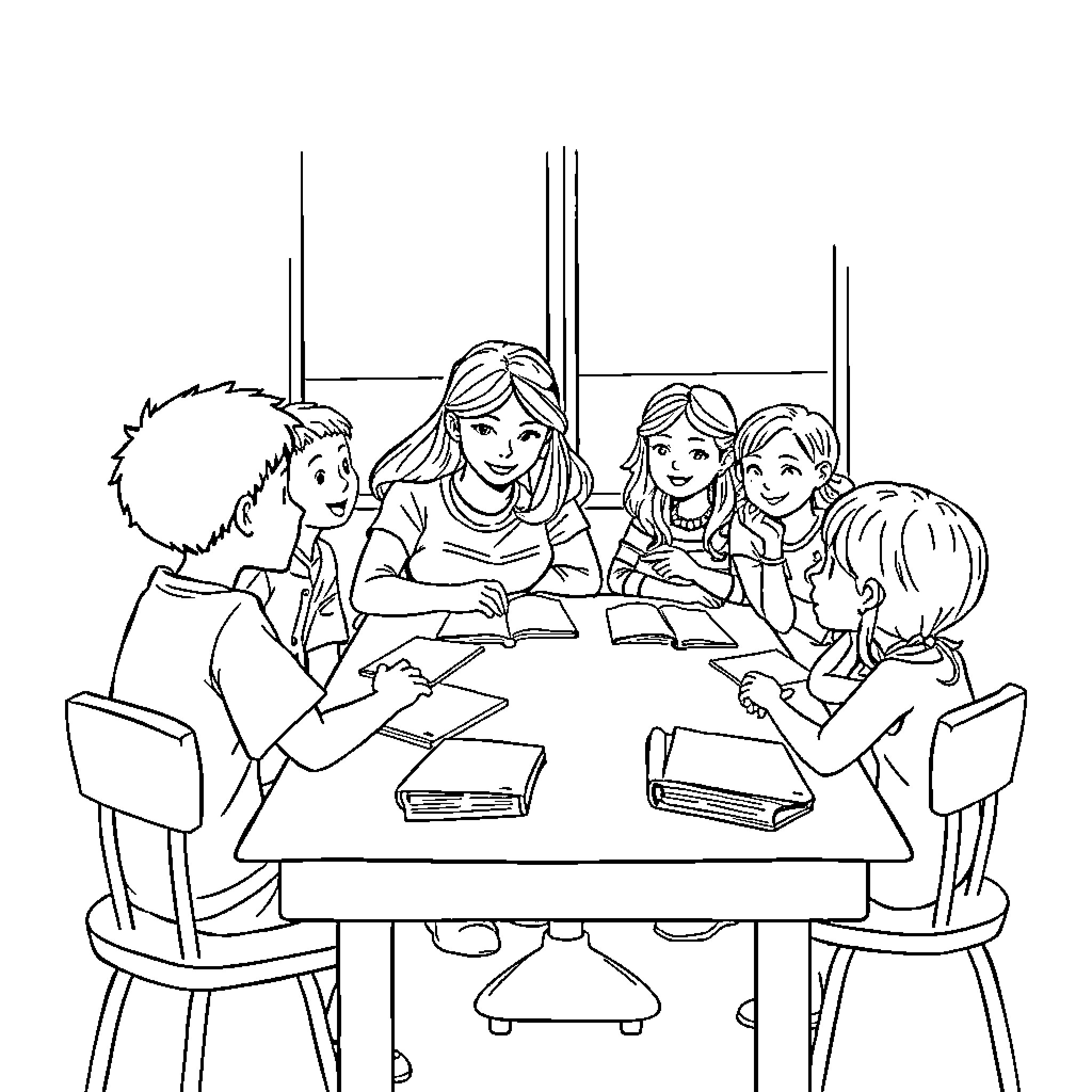 Family studying and reading together at the table Coloring Page (free black-and-white line drawing printable PDF for all, from beginners to advanced learners, including children, teens, adults, and seniors)