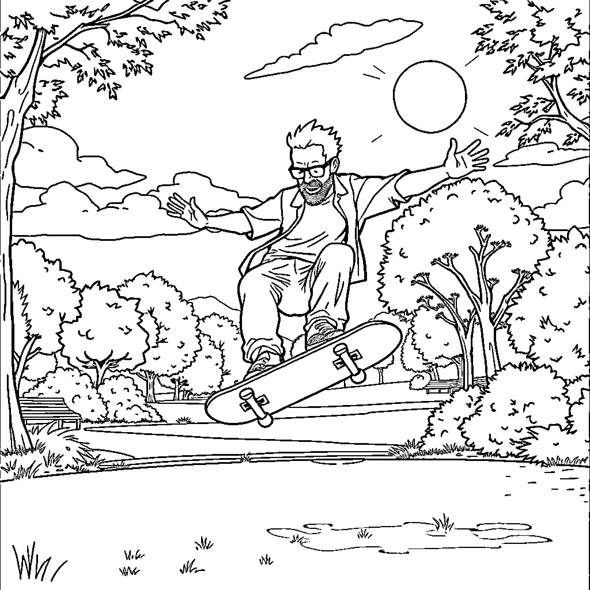 Walter White skateboarding in a peaceful nature scene Coloring Page (free black-and-white line drawing printable PDF for all, from beginners to advanced learners, including children, teens, adults, and seniors)