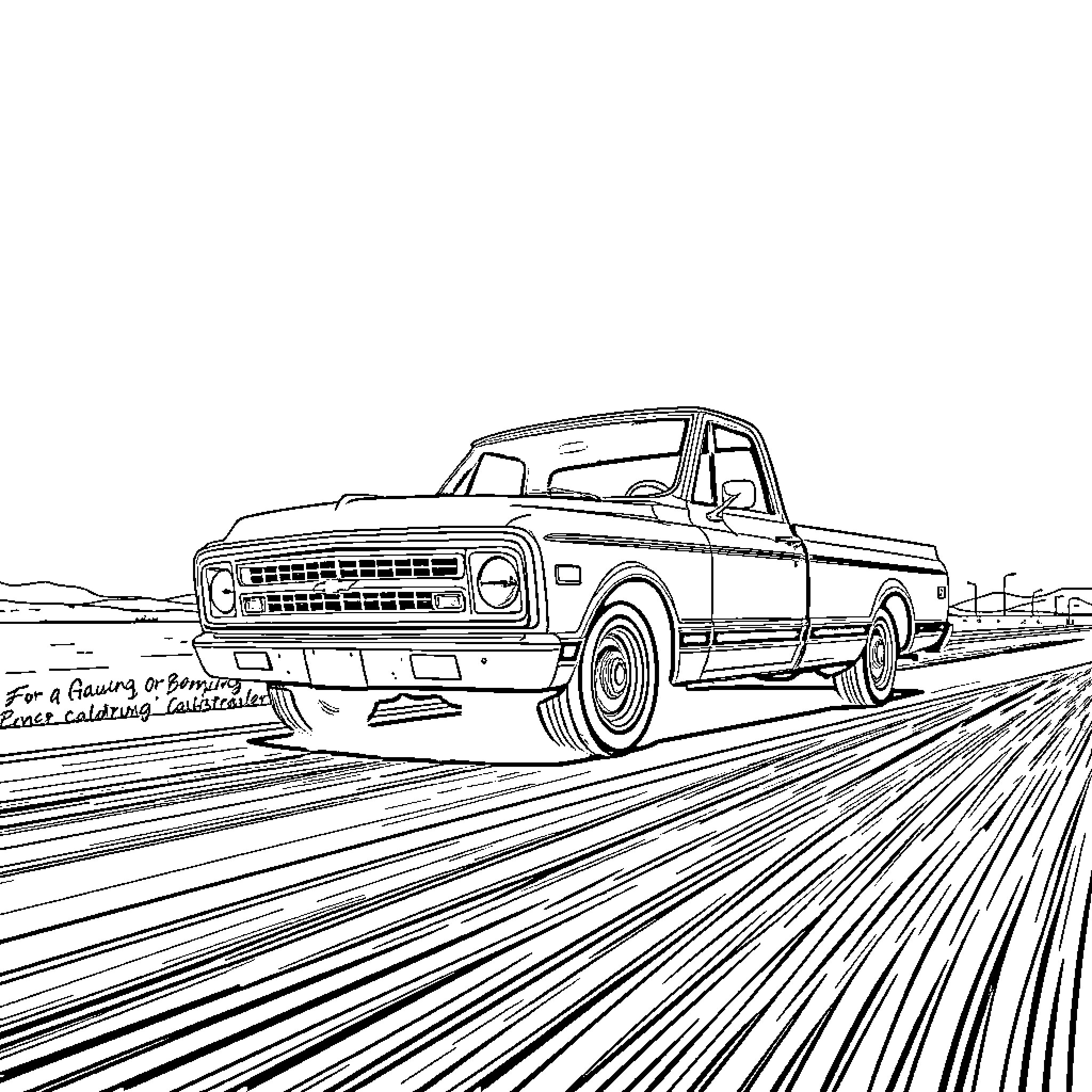 Truck speeding down the road in a rural scene Coloring Page (free black-and-white line drawing printable PDF for all, from beginners to advanced learners, including children, teens, adults, and seniors)