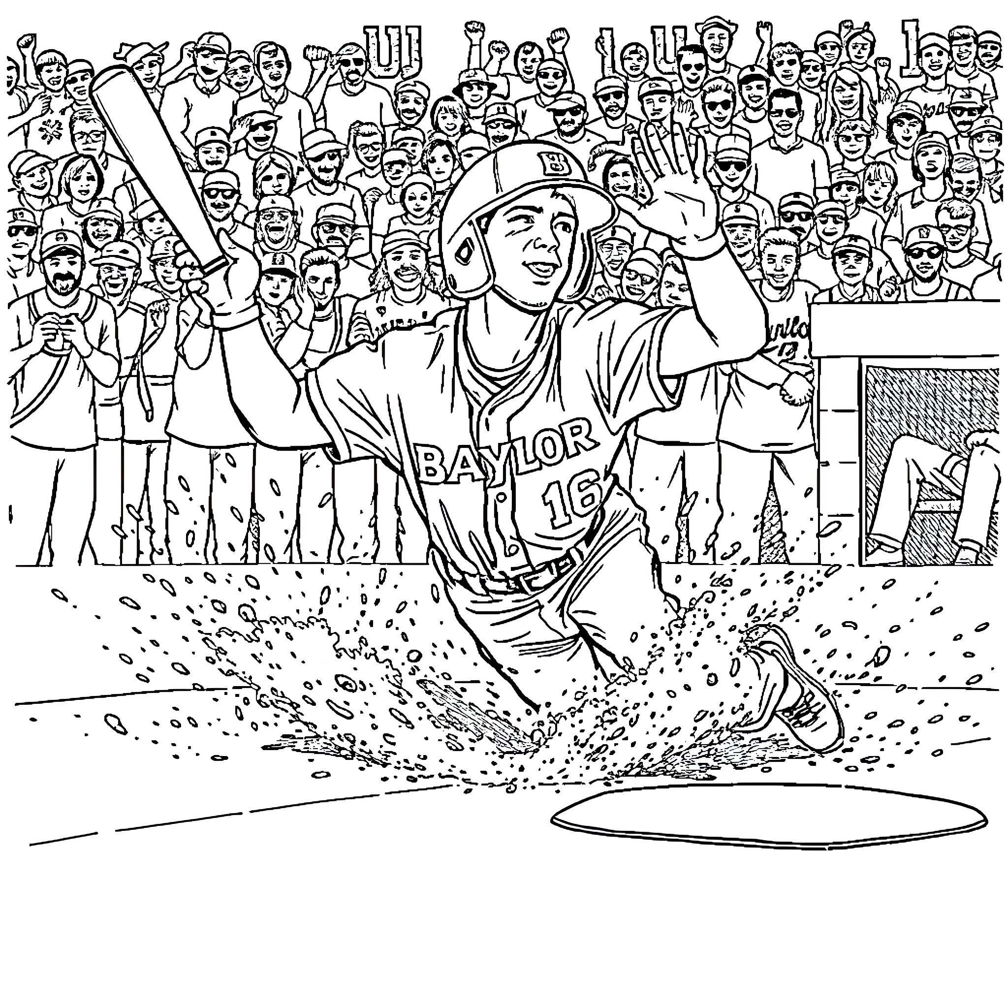 Baylor Baseball Player Sliding into Home Base Coloring Page (free black-and-white line drawing printable PDF for all, from beginners to advanced learners, including children, teens, adults, and seniors)