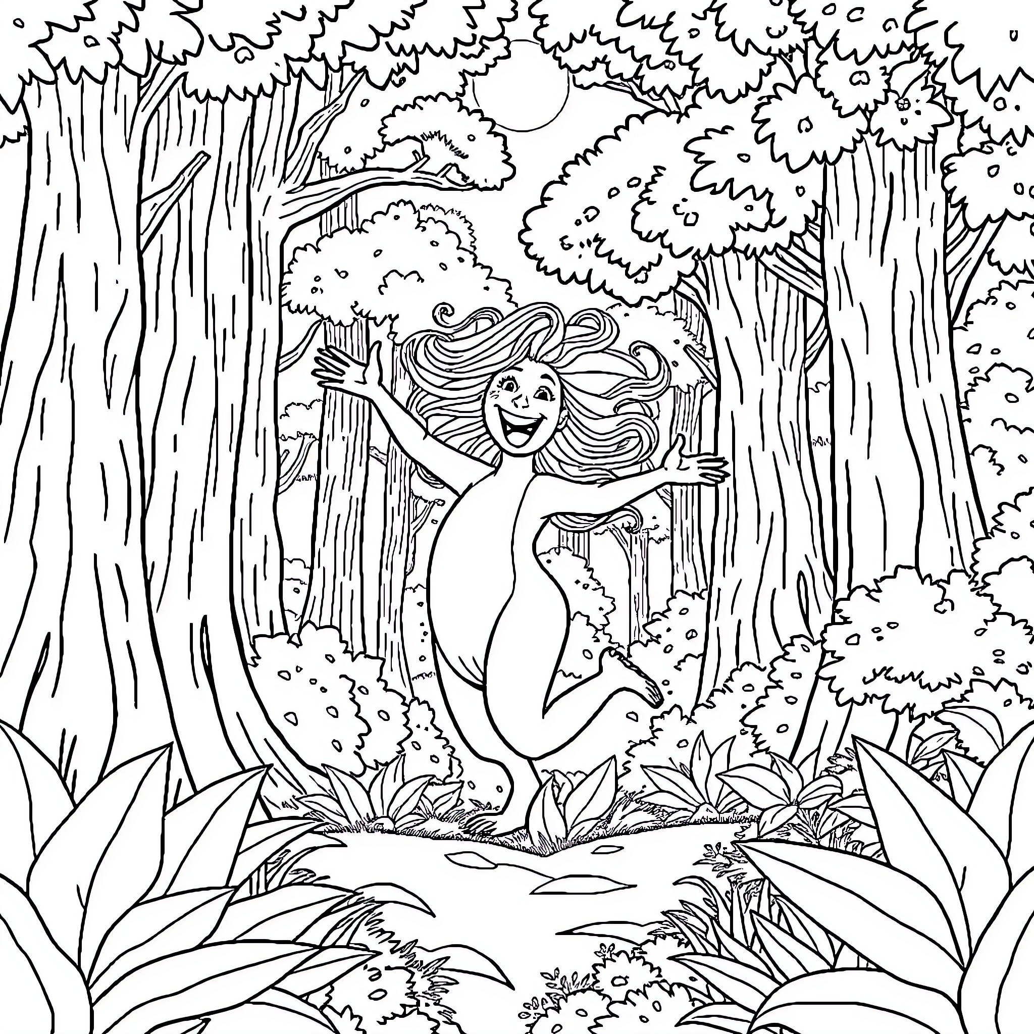 Mamanaillo's Whimsical Forest Adventure Coloring Page (free black-and-white line drawing printable PDF for all, from beginners to advanced learners, including children, teens, adults, and seniors)