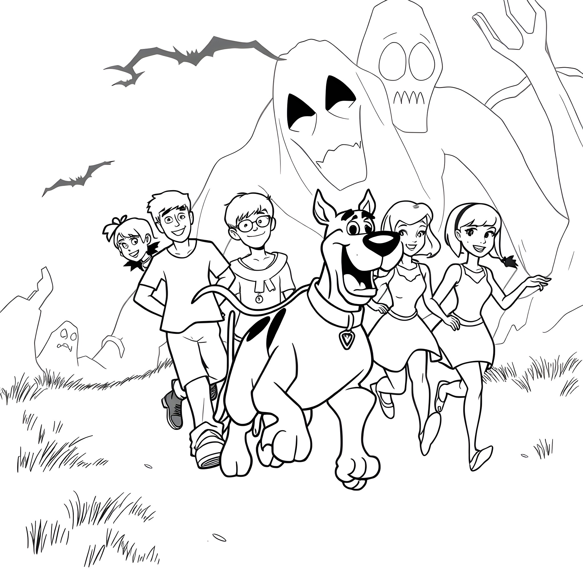Scooby Doo and the Gang on a Spooky Adventure Coloring Page (free black-and-white line drawing printable PDF for all, from beginners to advanced learners, including children, teens, adults, and seniors)
