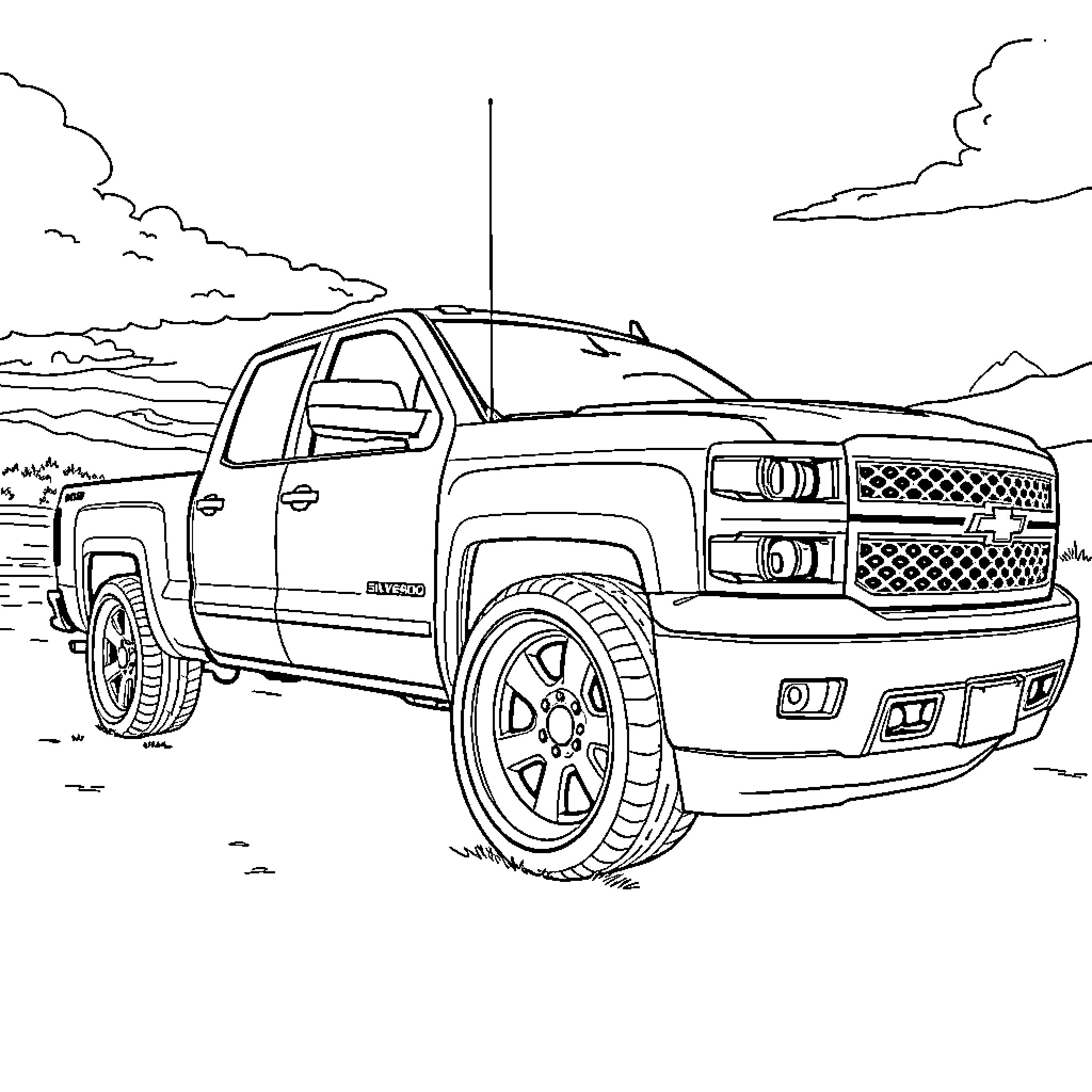Silverado pickup truck in rugged landscape Coloring Page (free black-and-white line drawing printable PDF for all, from beginners to advanced learners, including children, teens, adults, and seniors)