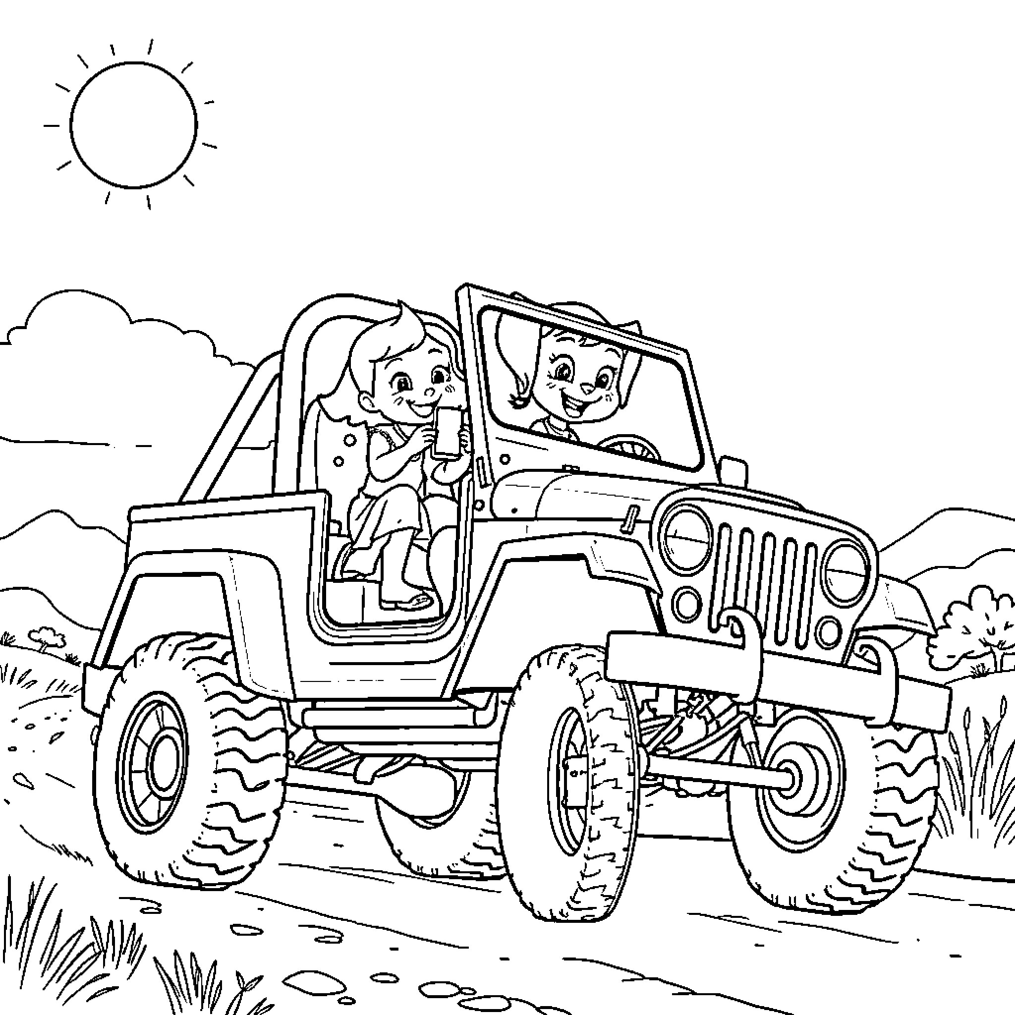 Bibi and Tina exploring the countryside in a jeep Coloring Page (free black-and-white line drawing printable PDF for all, from beginners to advanced learners, including children, teens, adults, and seniors)