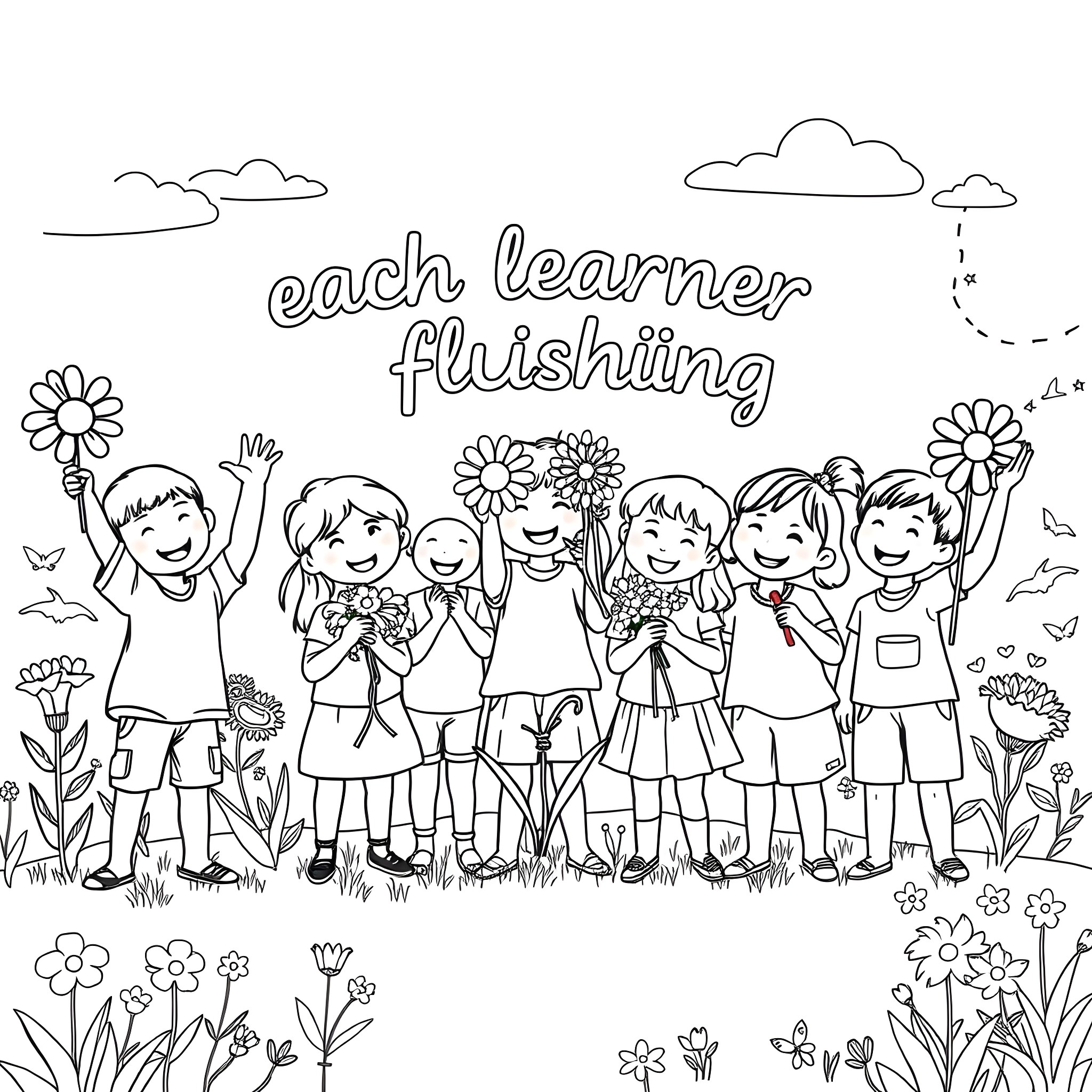 Kid enjoying flowers and nature with friends Coloring Page (free black-and-white line drawing printable PDF for all, from beginners to advanced learners, including children, teens, adults, and seniors)