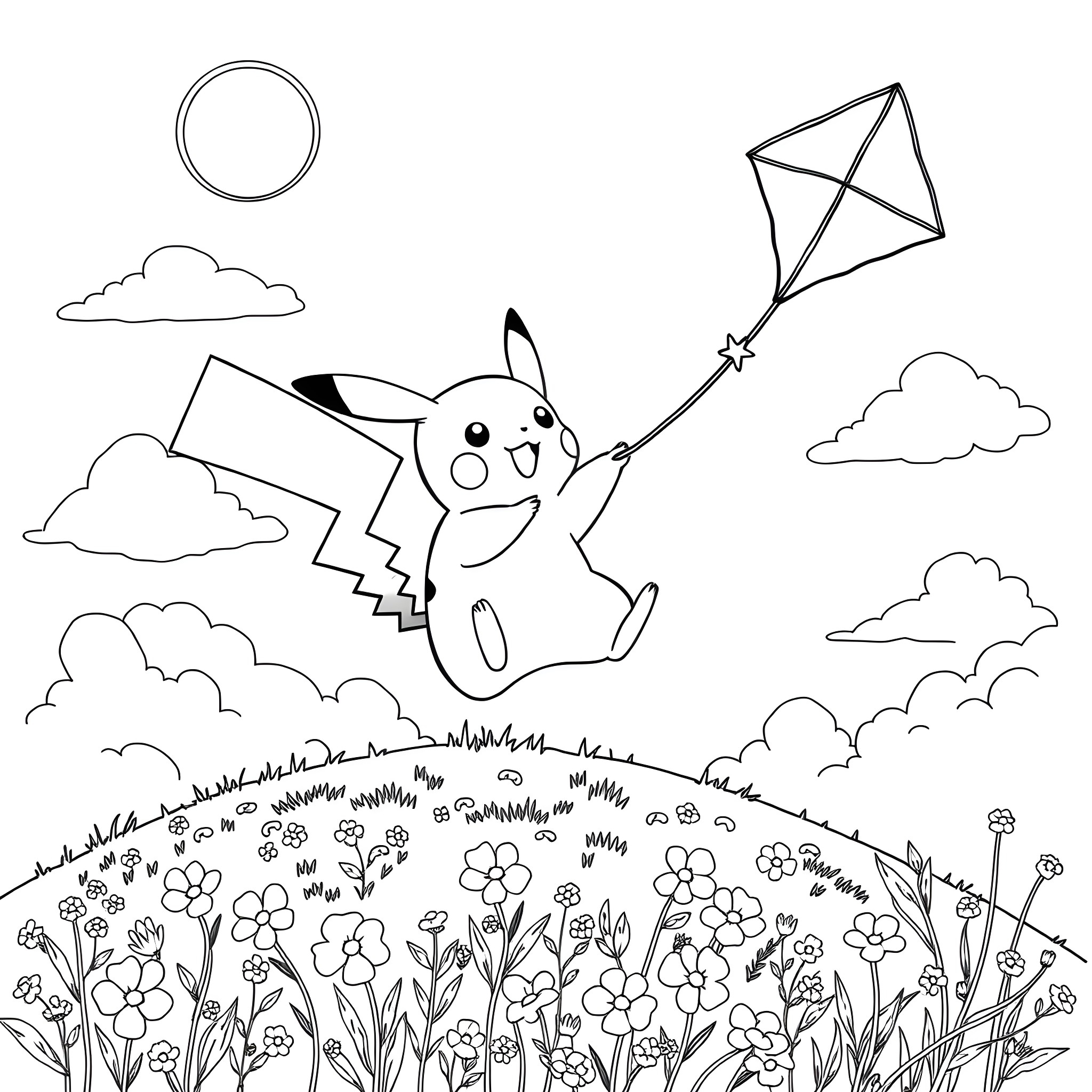 Pikachu playing with a kite in a field of flowers Coloring Page (free black-and-white line drawing printable PDF for all, from beginners to advanced learners, including children, teens, adults, and seniors)