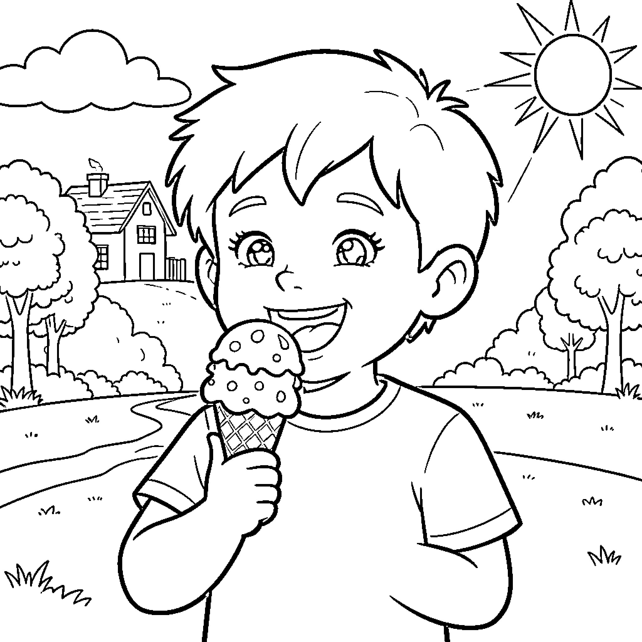 Boy enjoying ice cream on a sunny day Coloring Page (free black-and-white line drawing printable PDF for all, from beginners to advanced learners, including children, teens, adults, and seniors)