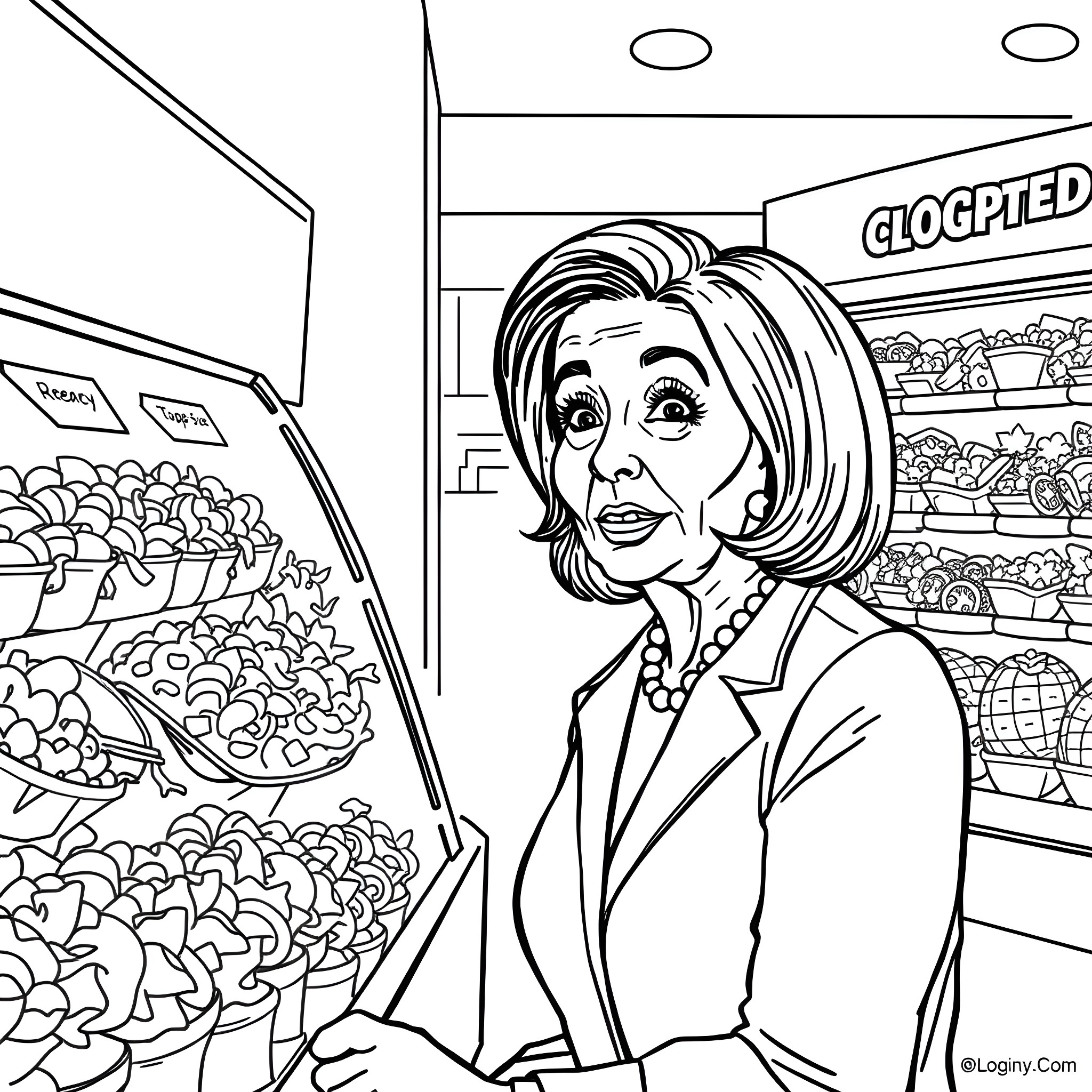 Nancy Pelosi in a Crowded Grocery Store Coloring Page (free black-and-white line drawing printable PDF for all, from beginners to advanced learners, including children, teens, adults, and seniors)