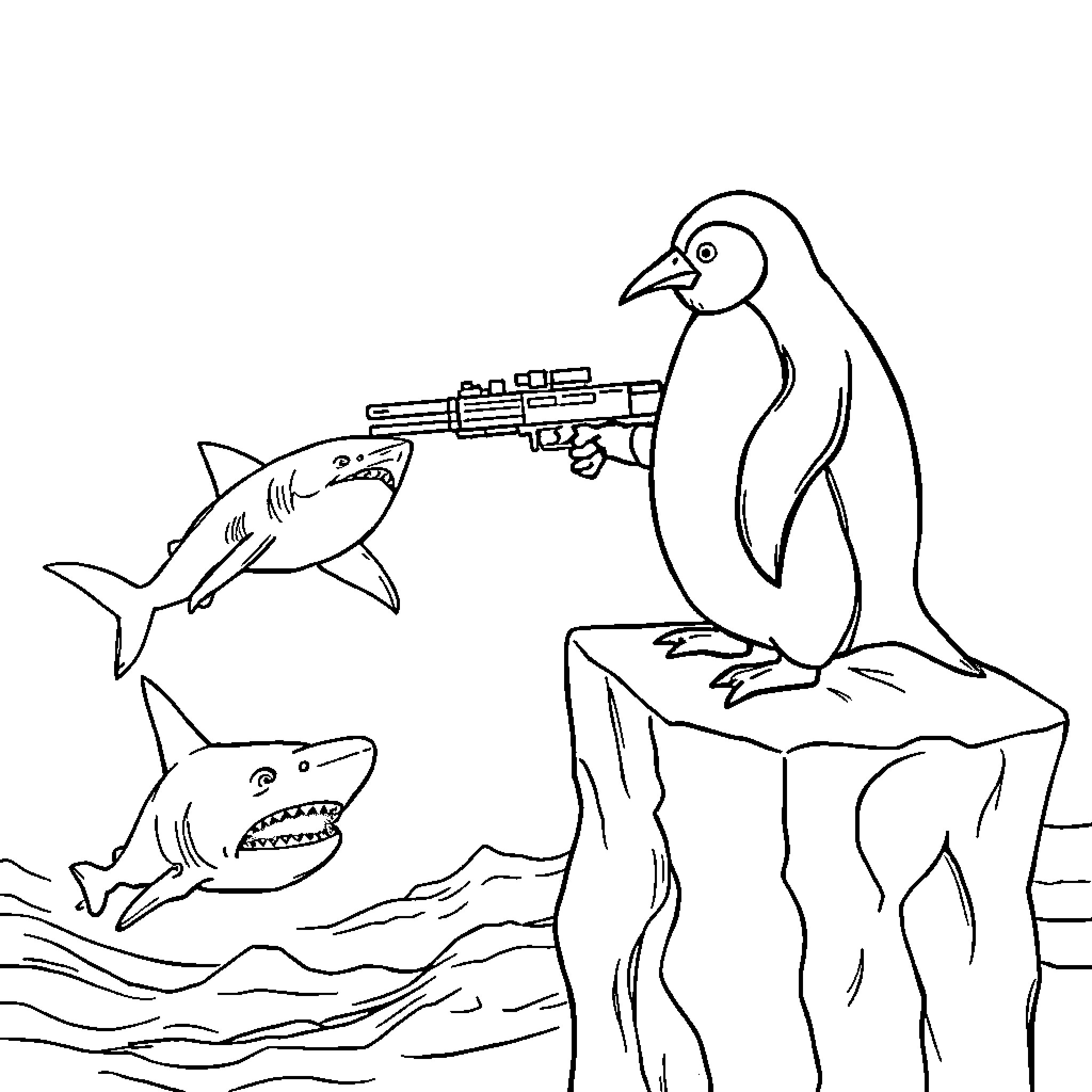 Penguin standing guard with gun against sharks Coloring Page (free black-and-white line drawing printable PDF for all, from beginners to advanced learners, including children, teens, adults, and seniors)
