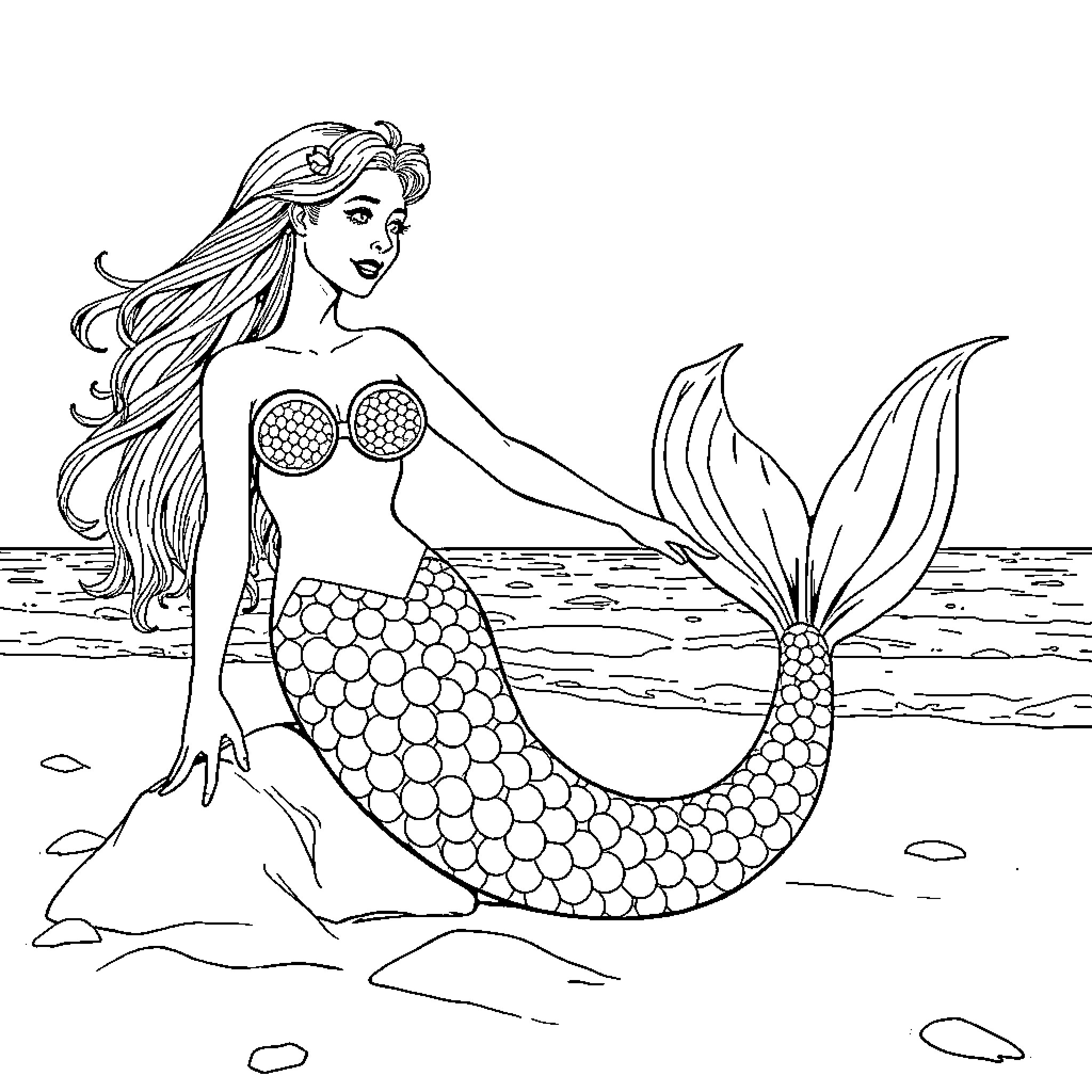 Mermaid swimming gracefully in the ocean Coloring Page (free black-and-white line drawing printable PDF for all, from beginners to advanced learners, including children, teens, adults, and seniors)