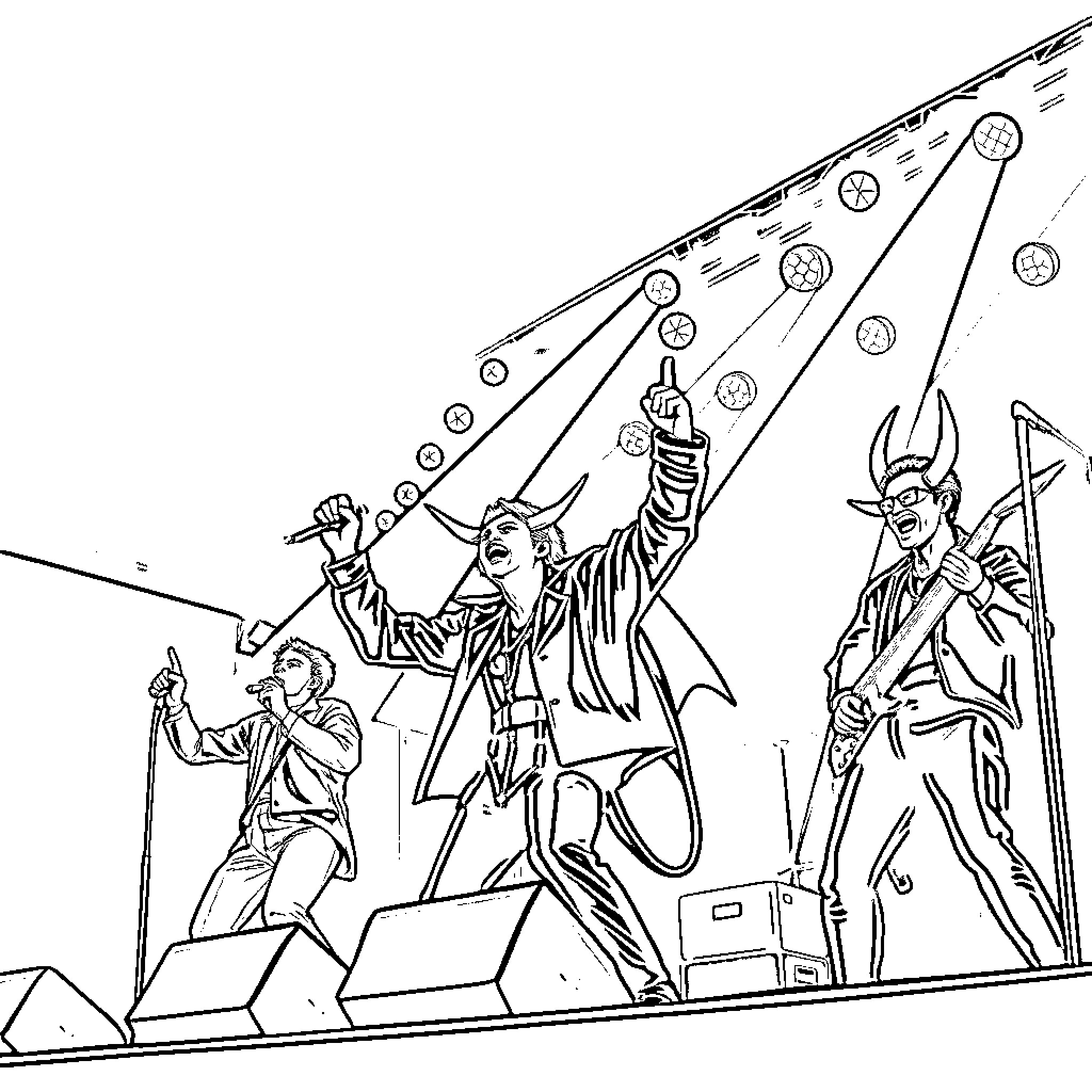 Demon Hunters battling supernatural forces in action-packed scene Coloring Page (free black-and-white line drawing printable PDF for all, from beginners to advanced learners, including children, teens, adults, and seniors)