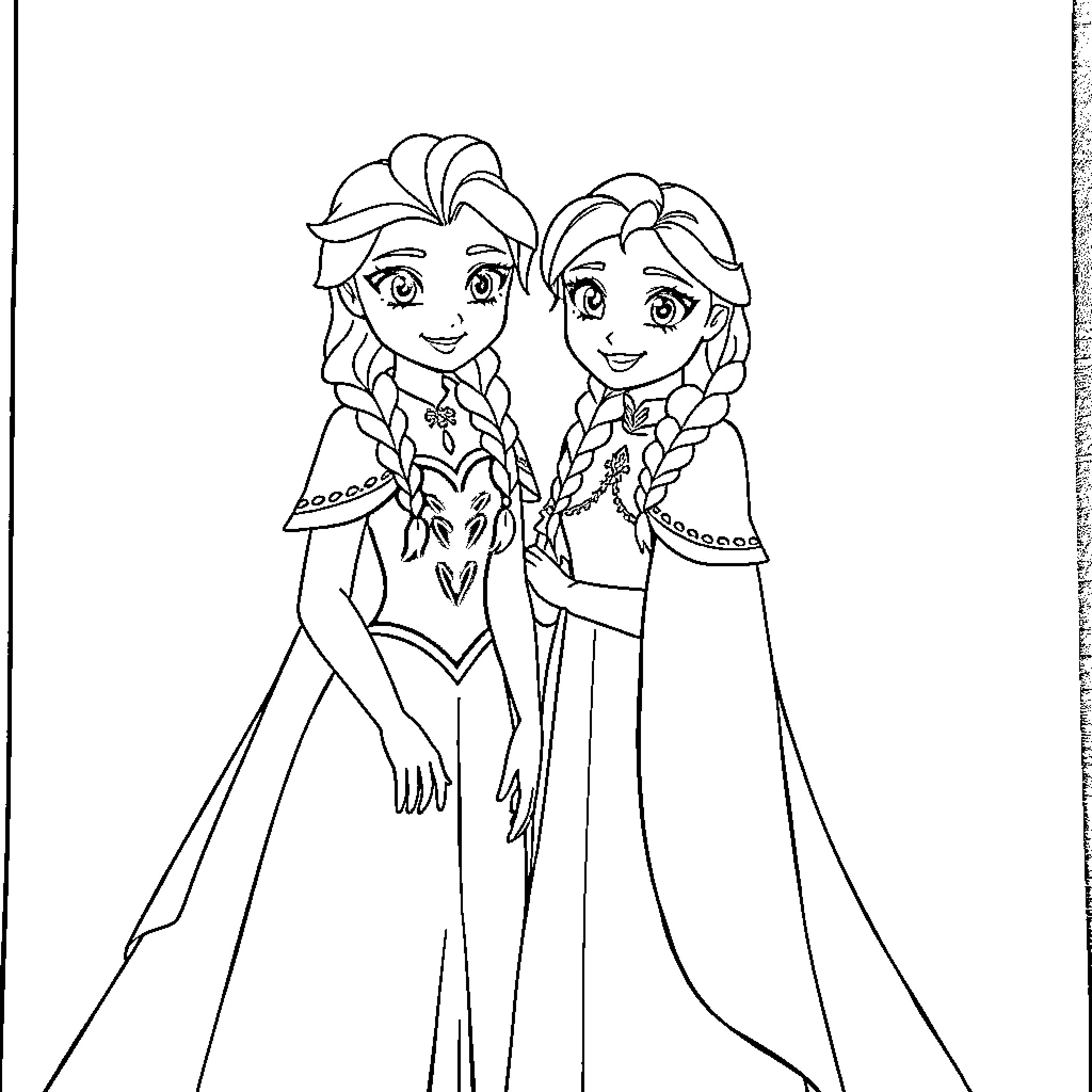 Elsa and Anna in Elegant Dresses and Braids Coloring Page (free black-and-white line drawing printable PDF for all, from beginners to advanced learners, including children, teens, adults, and seniors)