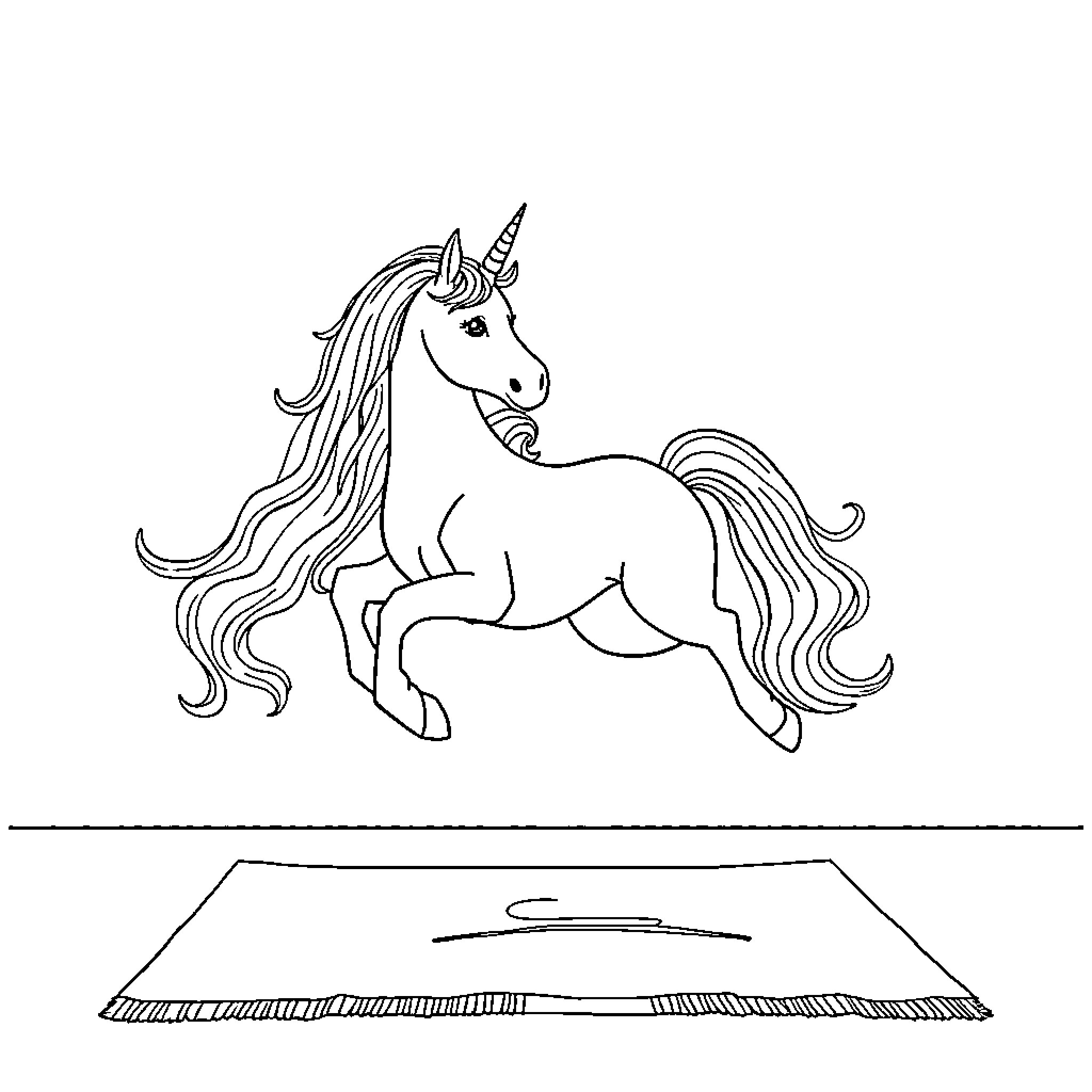 Unicorn trotting gracefully on a stage Coloring Page (free black-and-white line drawing printable PDF for all, from beginners to advanced learners, including children, teens, adults, and seniors)