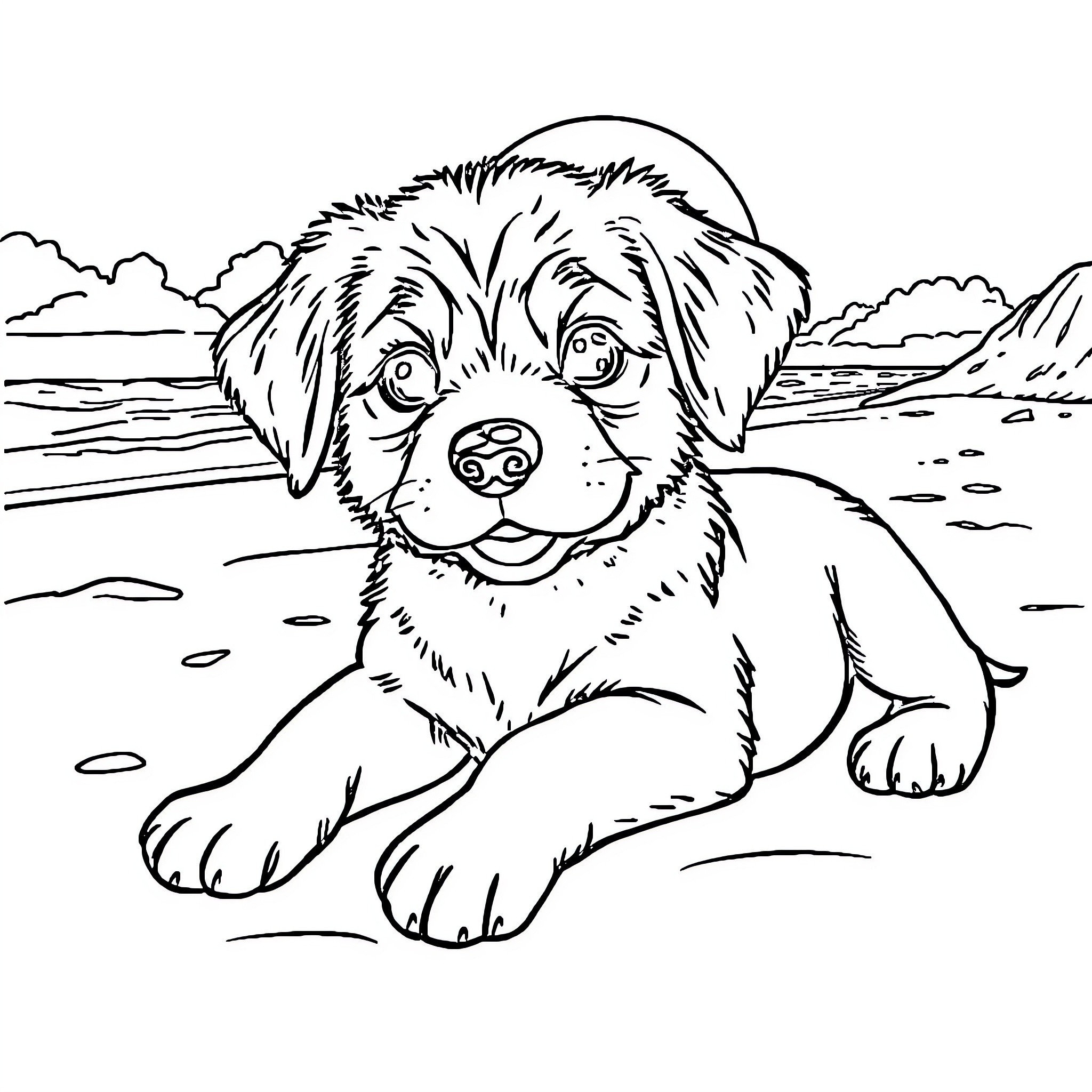 Puppy resting by the lakeside Coloring Page (free black-and-white line drawing printable PDF for all, from beginners to advanced learners, including children, teens, adults, and seniors)