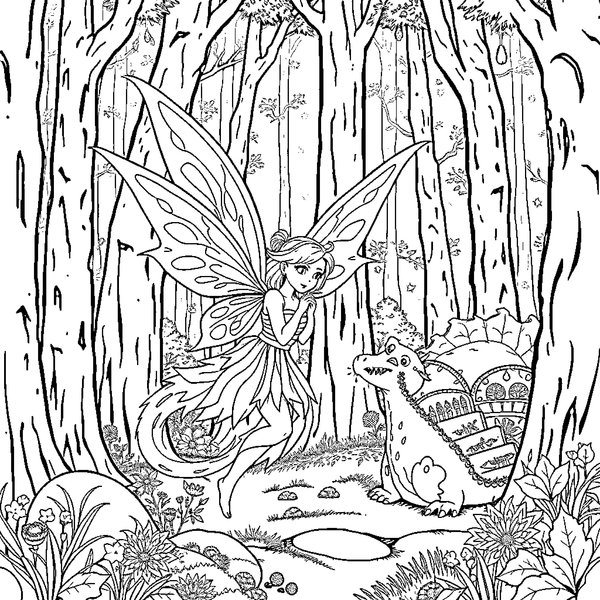 Fairy exploring enchanted forest with creature Coloring Page (free black-and-white line drawing printable PDF for all, from beginners to advanced learners, including children, teens, adults, and seniors)