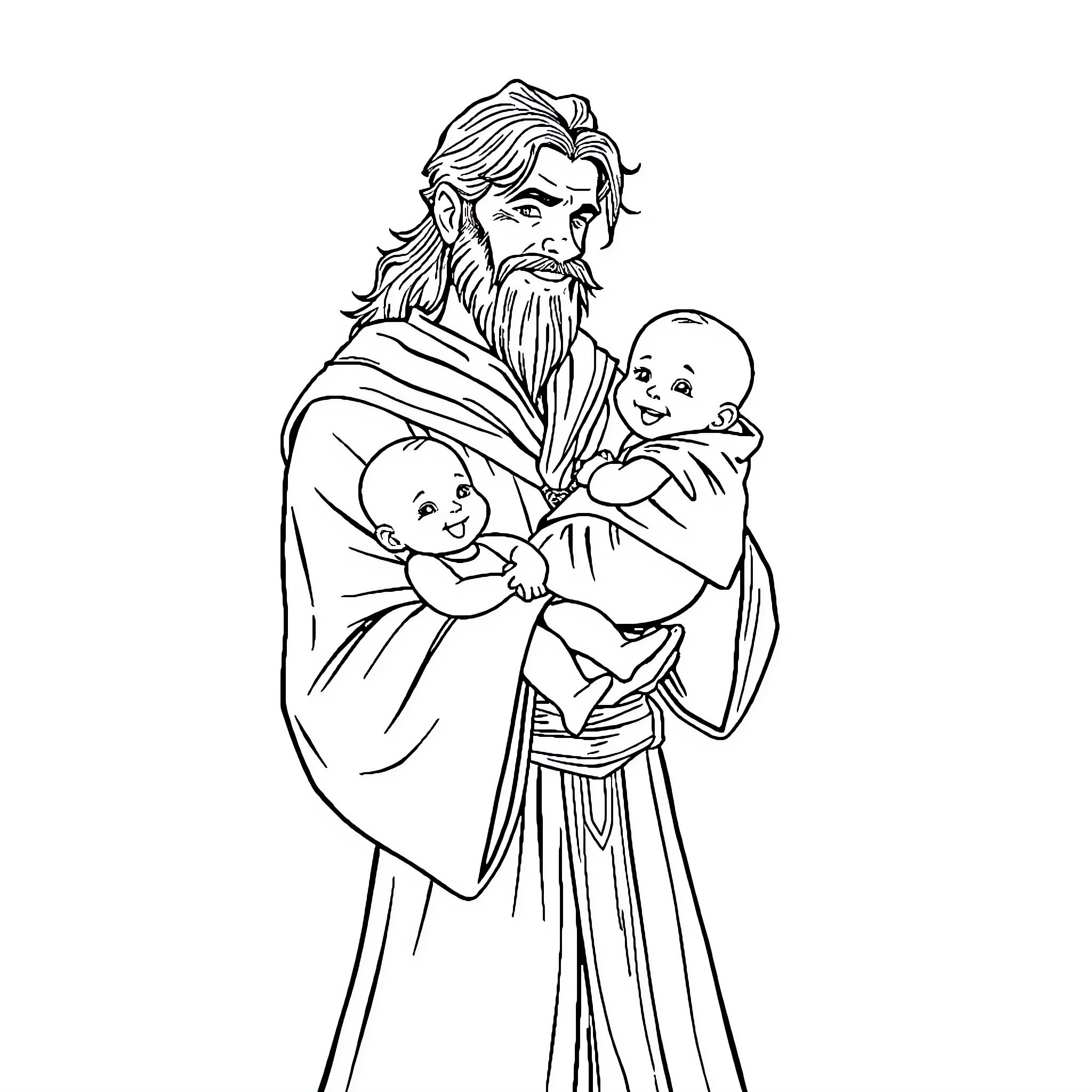 Wizard caring for two children in robes Coloring Page (free black-and-white line drawing printable PDF for all, from beginners to advanced learners, including children, teens, adults, and seniors)
