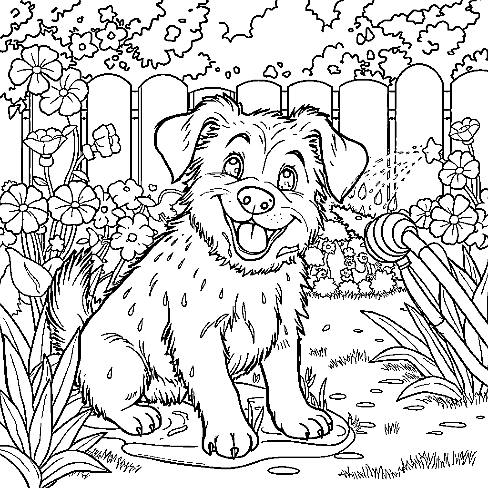 Dog enjoying the outdoors in a garden Coloring Page (free black-and-white line drawing printable PDF for all, from beginners to advanced learners, including children, teens, adults, and seniors)