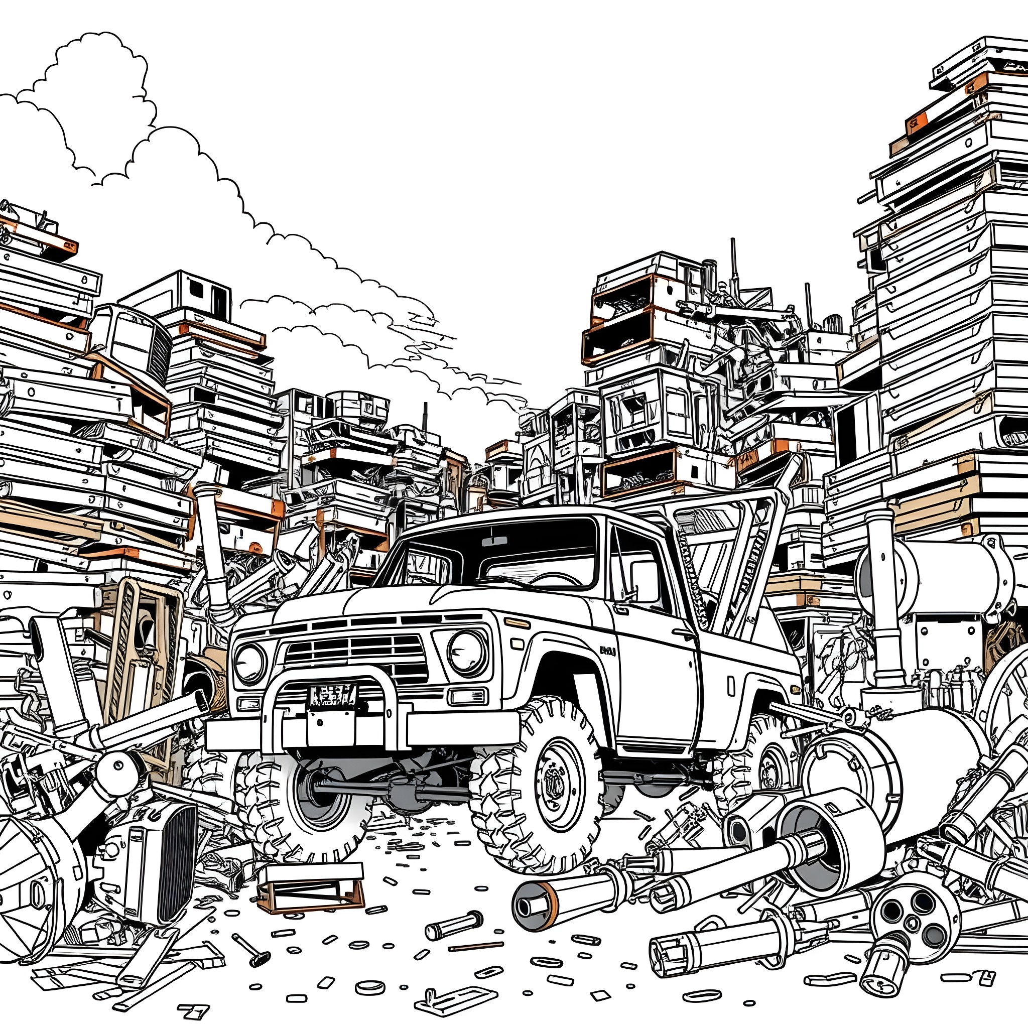 Pick Up Truck in Cluttered Junkyard Coloring Page (free black-and-white line drawing printable PDF for all, from beginners to advanced learners, including children, teens, adults, and seniors)