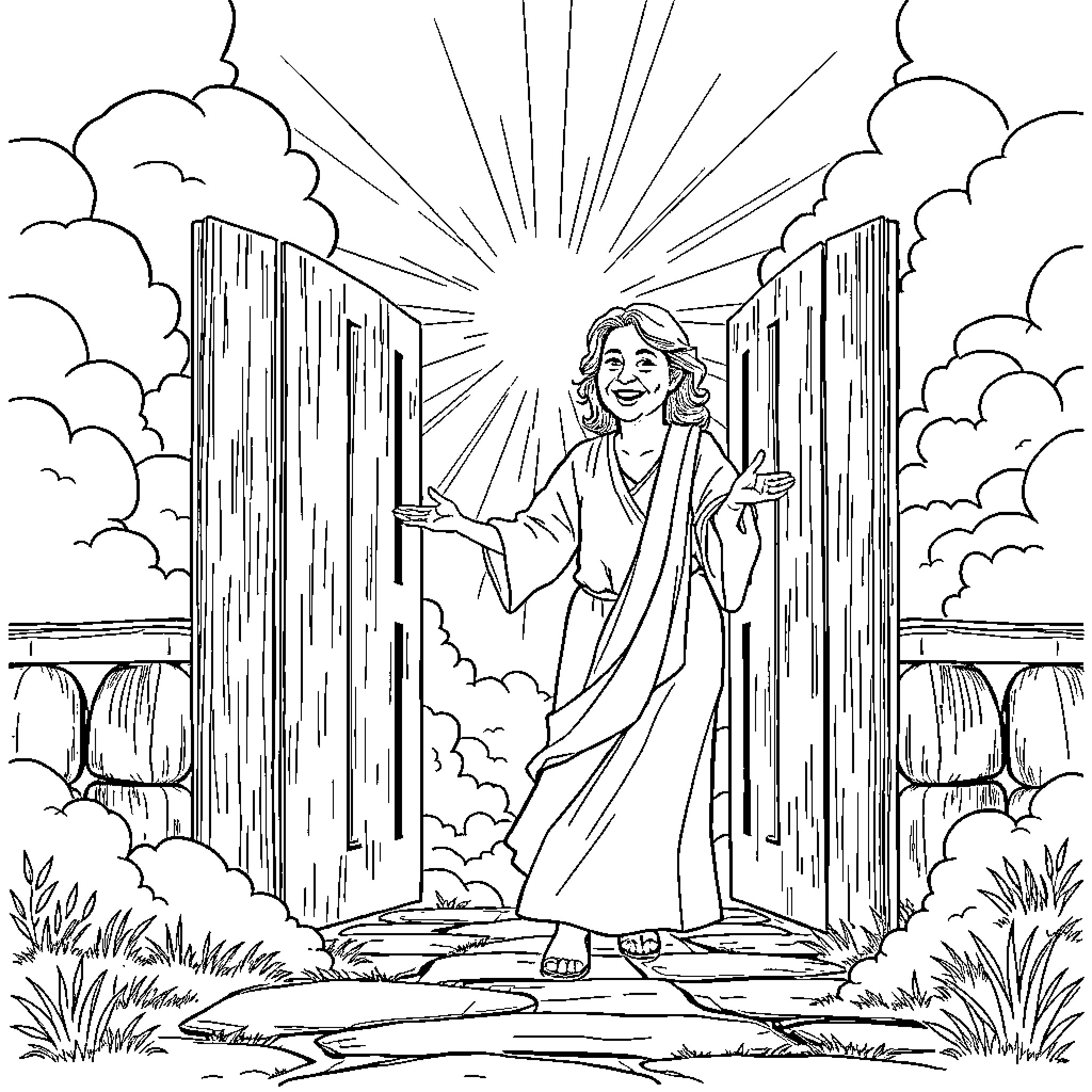 Woman standing in the parting clouds Coloring Page (free black-and-white line drawing printable PDF for all, from beginners to advanced learners, including children, teens, adults, and seniors)
