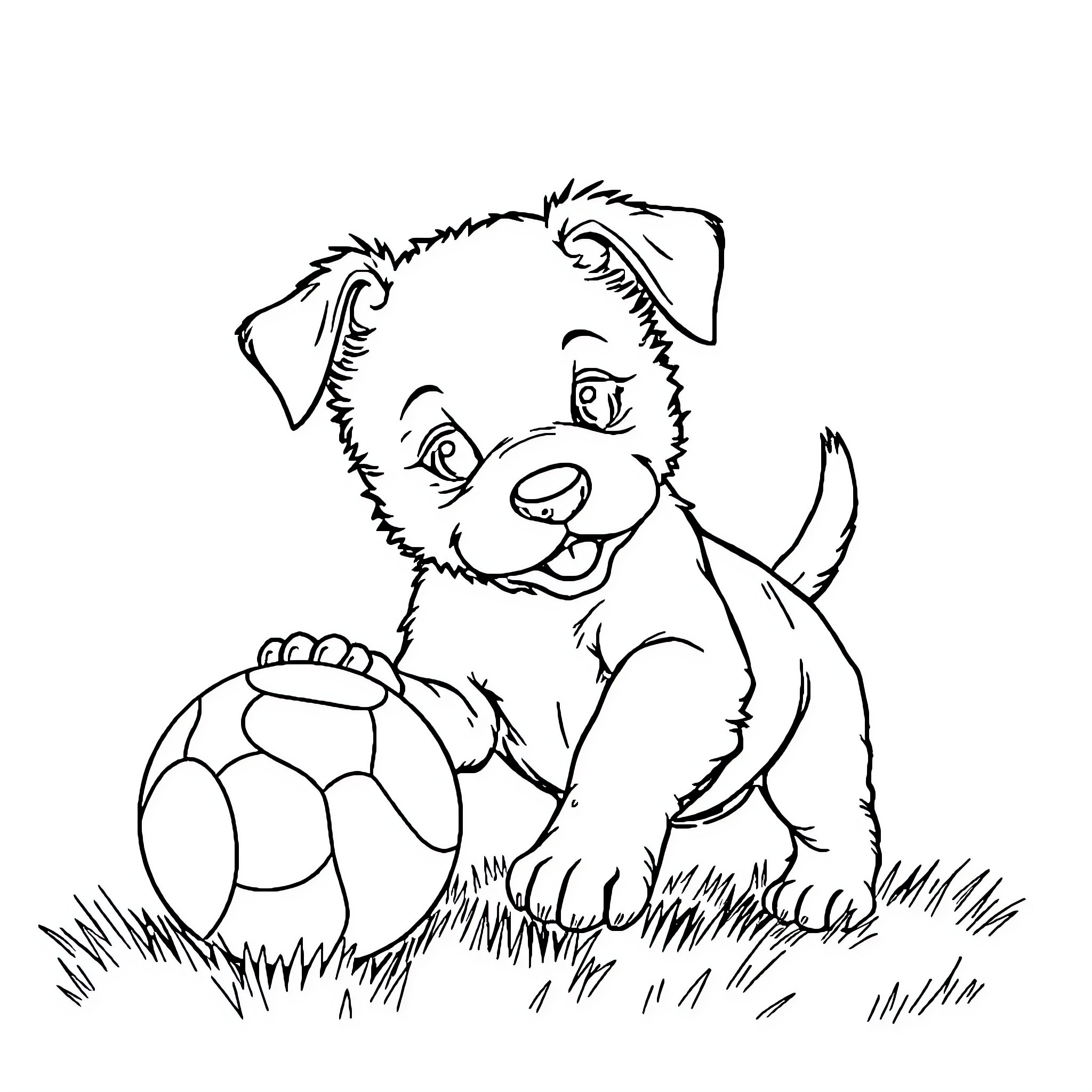 Puppy playing happily with soccer ball in the grass Coloring Page (free black-and-white line drawing printable PDF for all, from beginners to advanced learners, including children, teens, adults, and seniors)