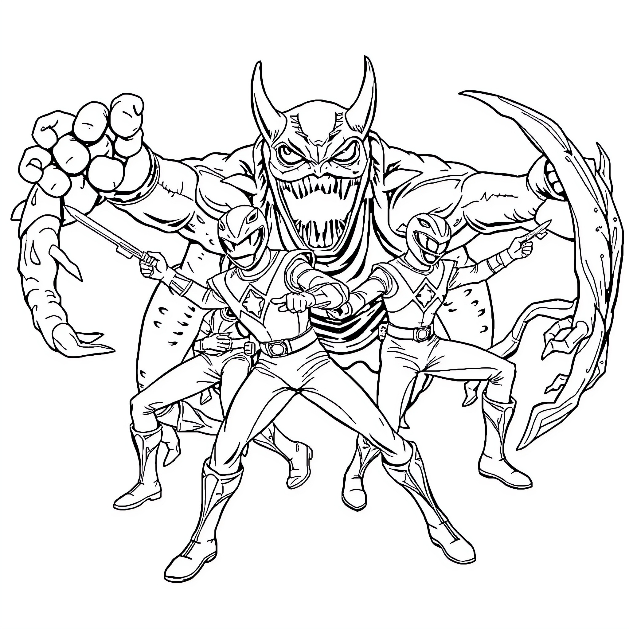 Power Ranger Battles Fearsome Adversaries Coloring Page (free black-and-white line drawing printable PDF for all, from beginners to advanced learners, including children, teens, adults, and seniors)