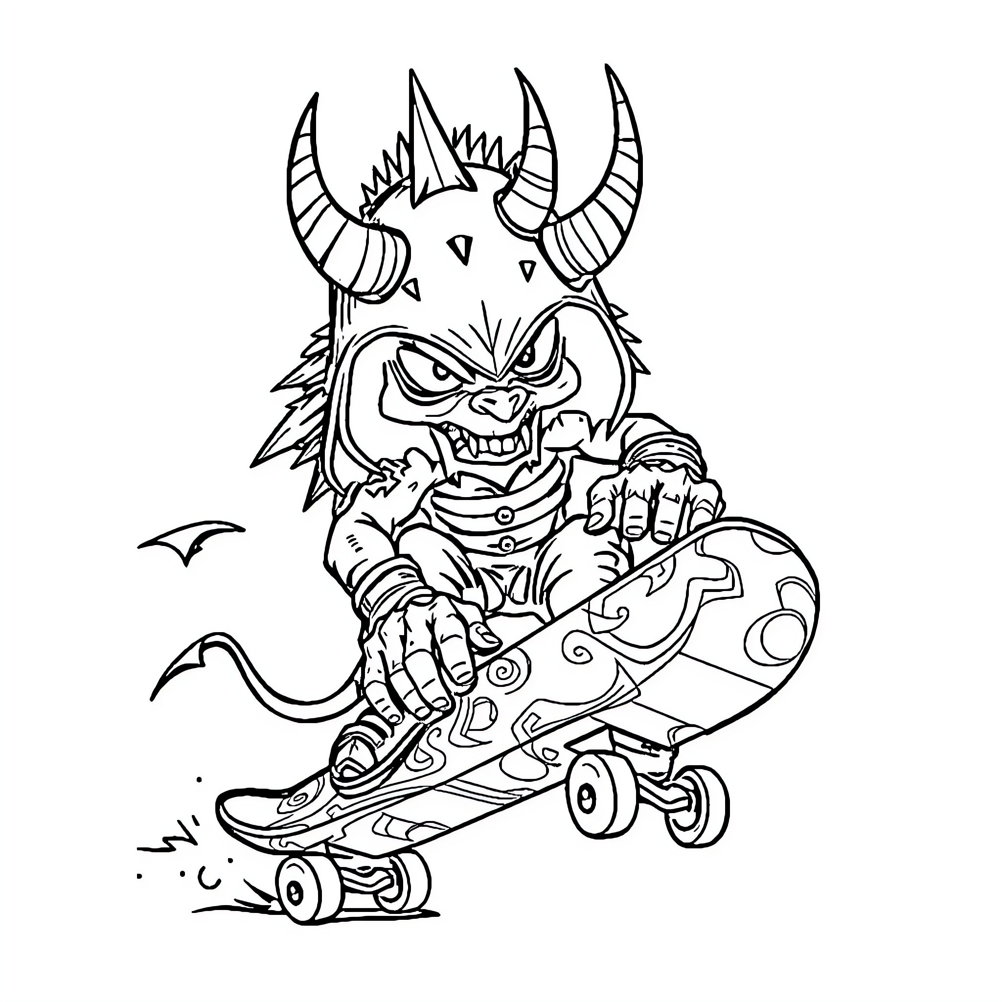 Demon Skateboarder Rides with Fiery Determination Coloring Page (free black-and-white line drawing printable PDF for all, from beginners to advanced learners, including children, teens, adults, and seniors)