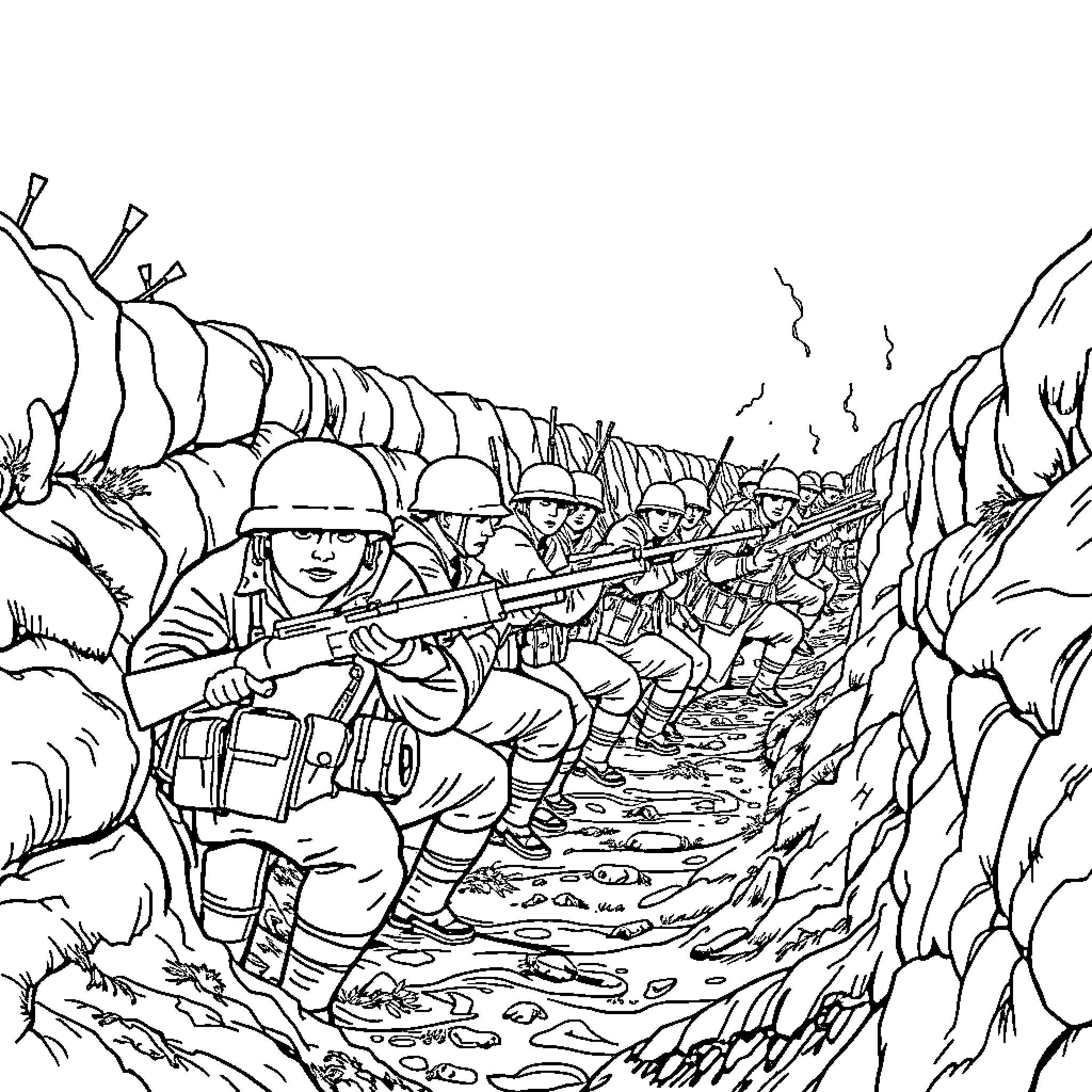 World War 1 Soldiers Advancing in Trench Warfare Coloring Page (free black-and-white line drawing printable PDF for all, from beginners to advanced learners, including children, teens, adults, and seniors)